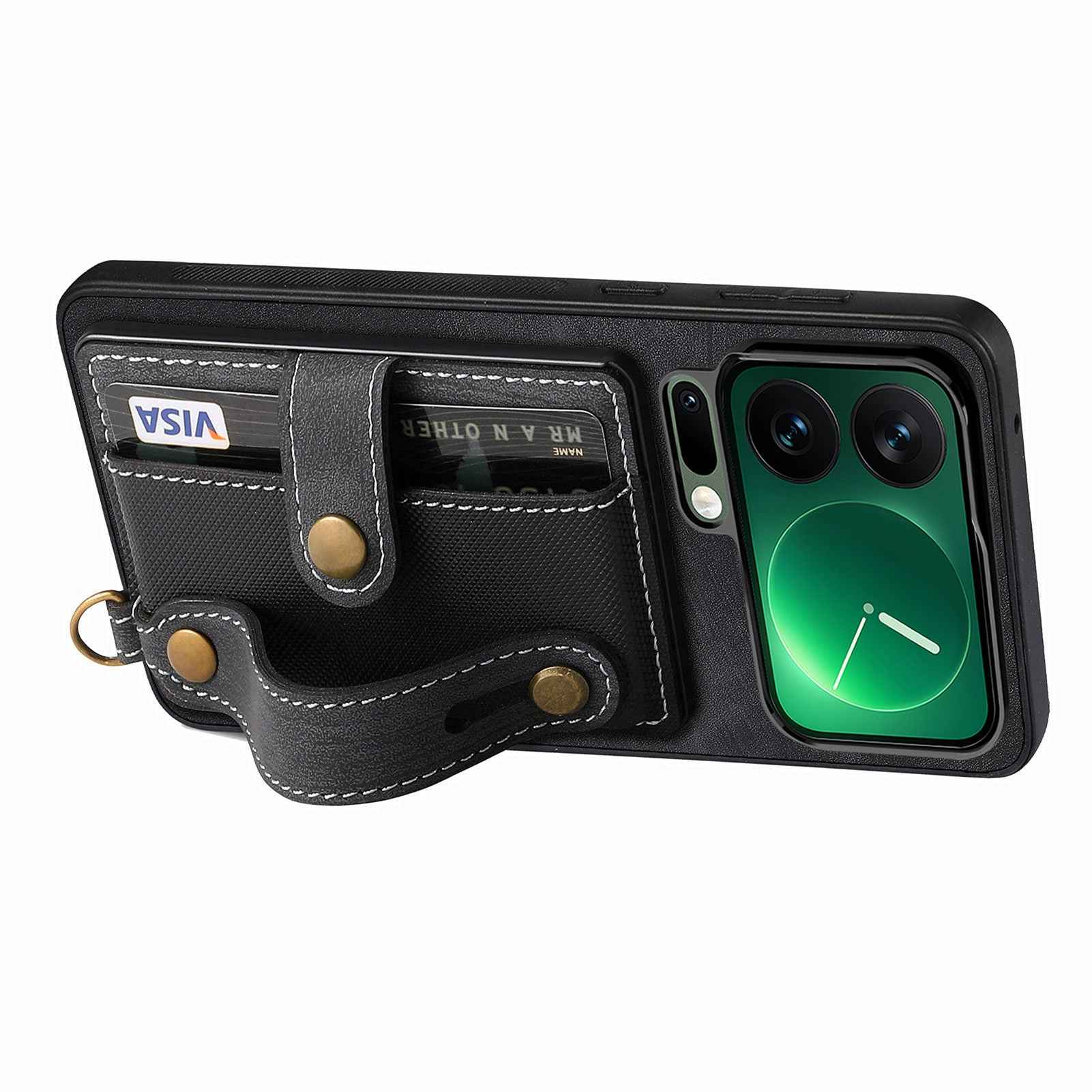 For Xiaomi 17 Pro Retro PU Leather Back Cover with Card Holder and Wristband Kickstand - Black