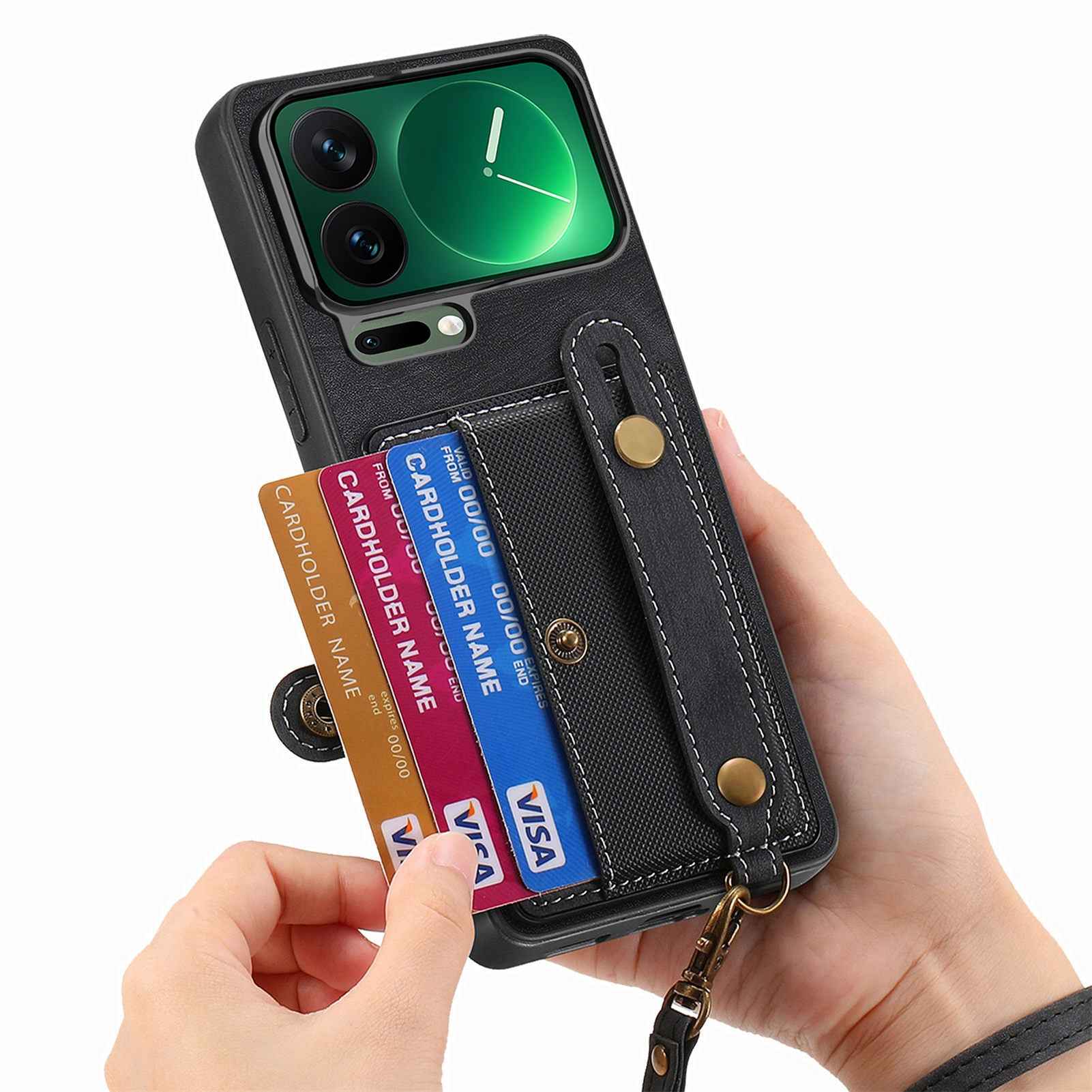 For Xiaomi 17 Pro Retro PU Leather Back Cover with Card Holder and Wristband Kickstand - Black