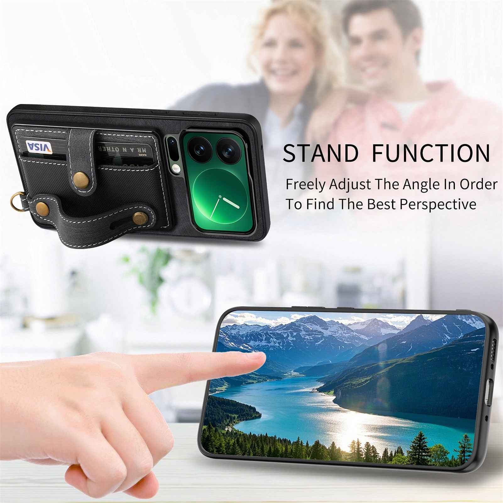For Xiaomi 17 Pro Retro PU Leather Back Cover with Card Holder and Wristband Kickstand - Black