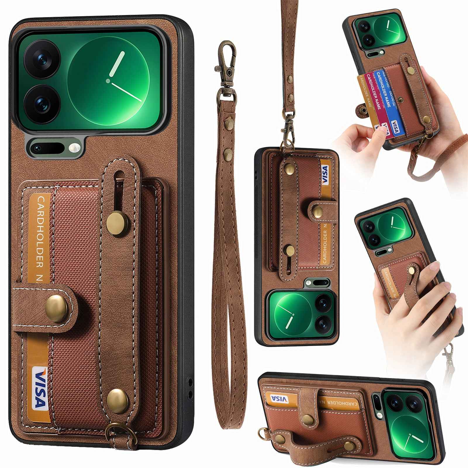 For Xiaomi 17 Pro Retro PU Leather Back Cover with Card Holder and Wristband Kickstand - Brown