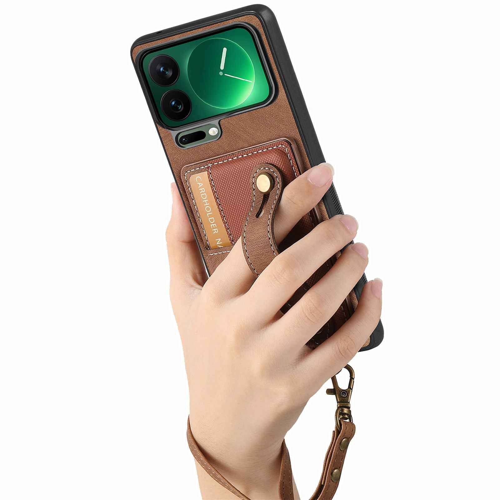 For Xiaomi 17 Pro Retro PU Leather Back Cover with Card Holder and Wristband Kickstand - Brown