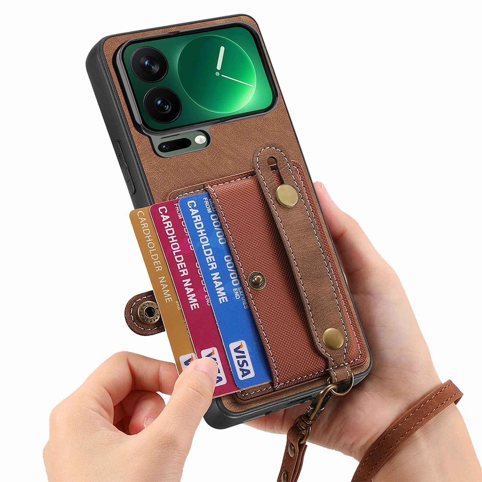 For Xiaomi 17 Pro Retro PU Leather Back Cover with Card Holder and Wristband Kickstand - Brown
