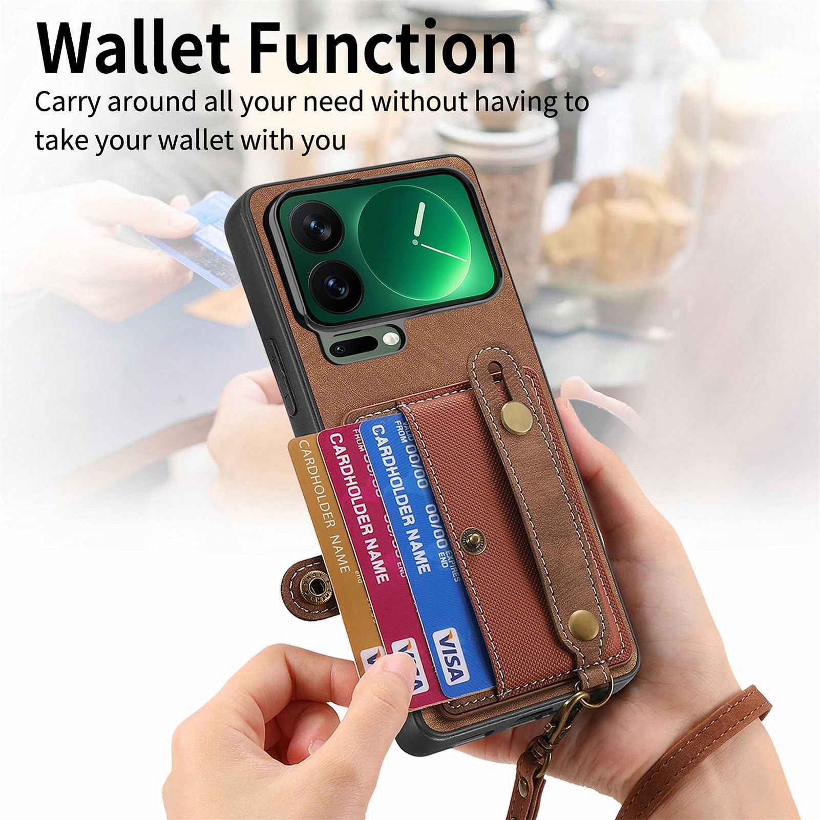 For Xiaomi 17 Pro Retro PU Leather Back Cover with Card Holder and Wristband Kickstand - Brown