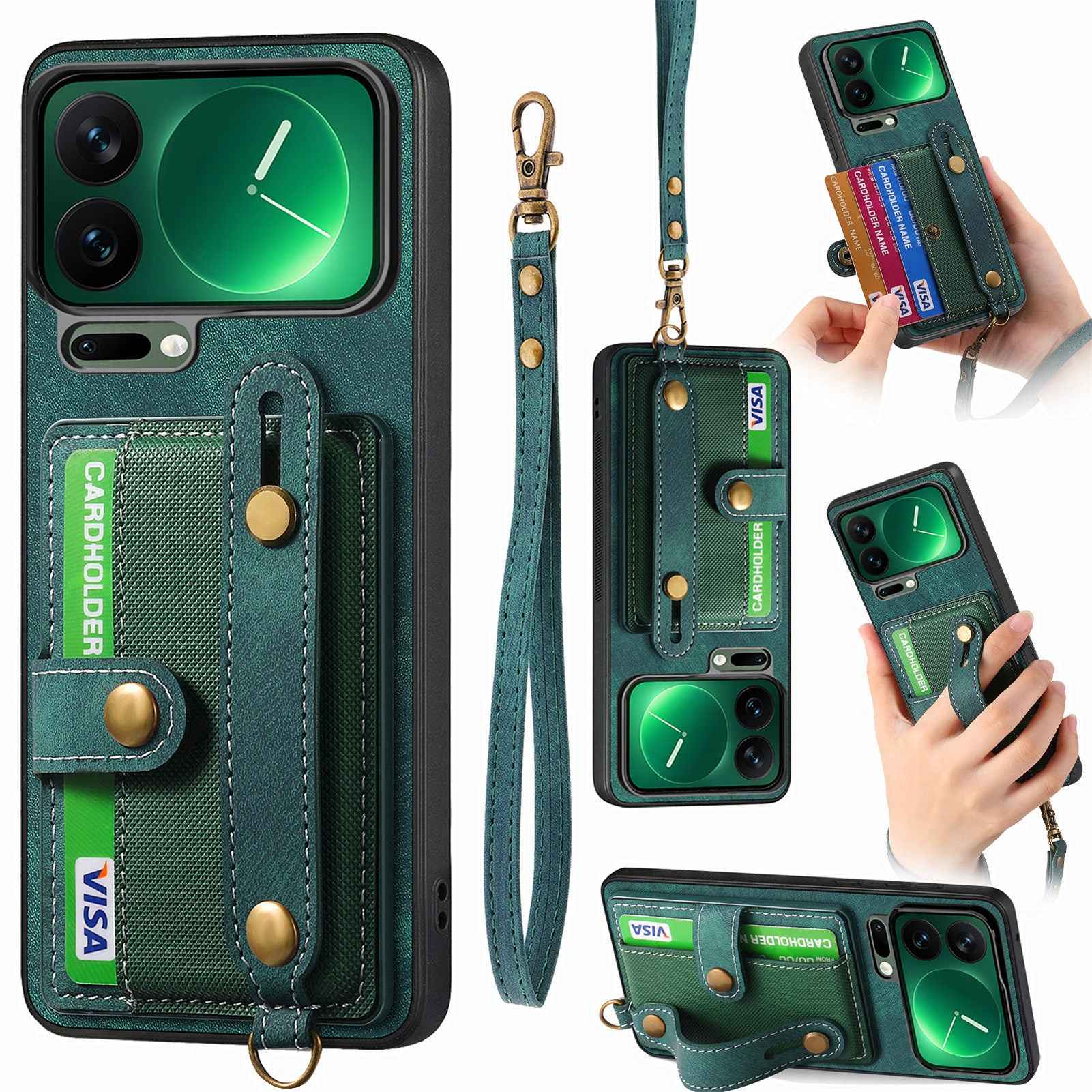 For Xiaomi 17 Pro Retro PU Leather Back Cover with Card Holder and Wristband Kickstand - Green