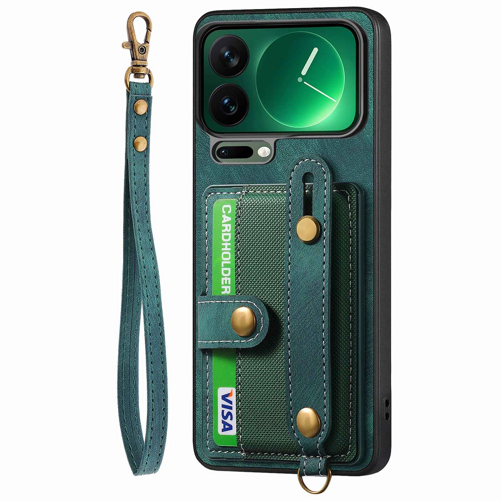 For Xiaomi 17 Pro Retro PU Leather Back Cover with Card Holder and Wristband Kickstand - Green