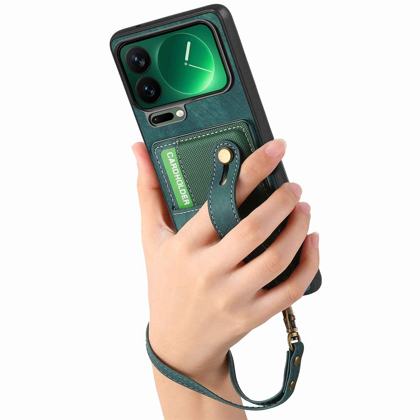 For Xiaomi 17 Pro Retro PU Leather Back Cover with Card Holder and Wristband Kickstand - Green