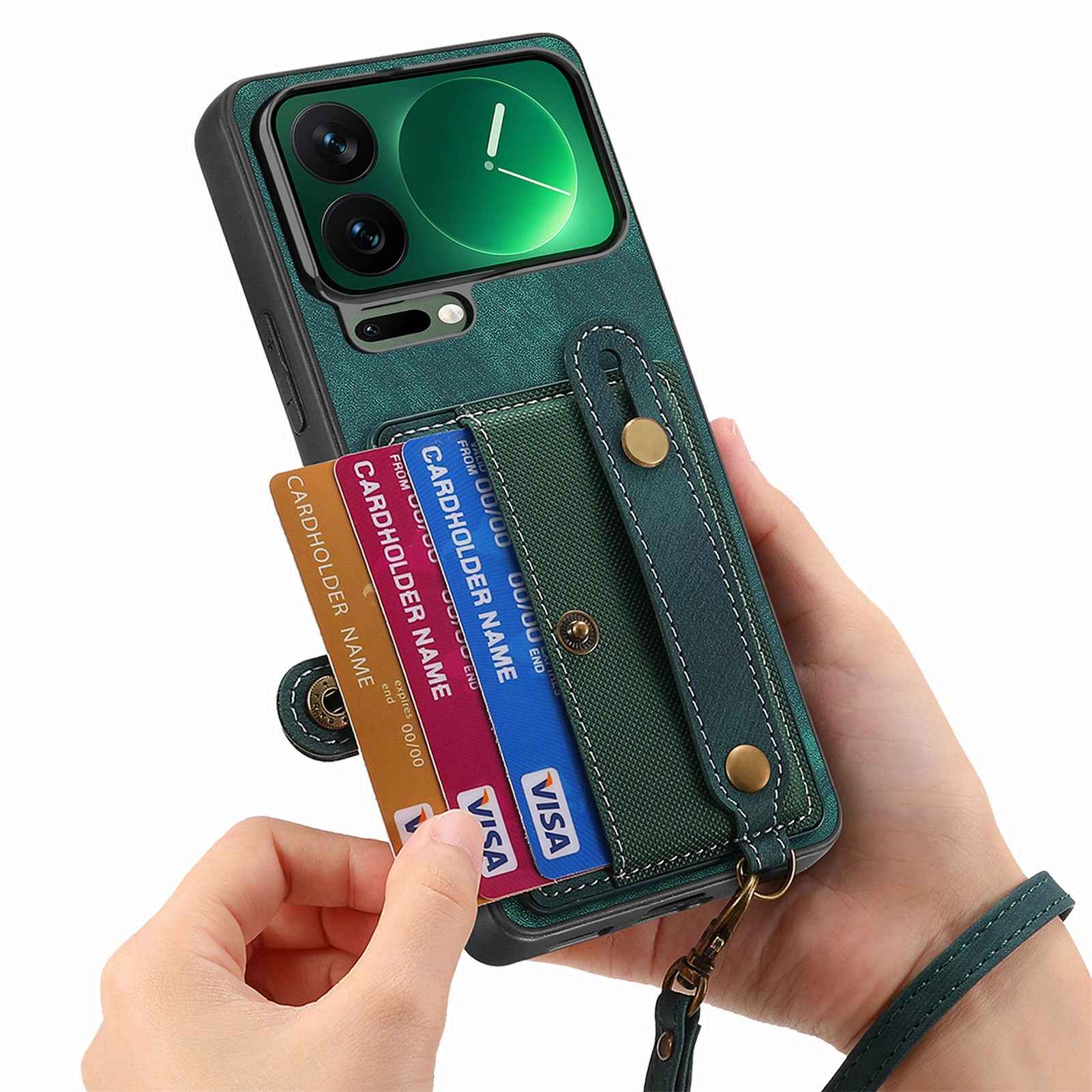 For Xiaomi 17 Pro Retro PU Leather Back Cover with Card Holder and Wristband Kickstand - Green
