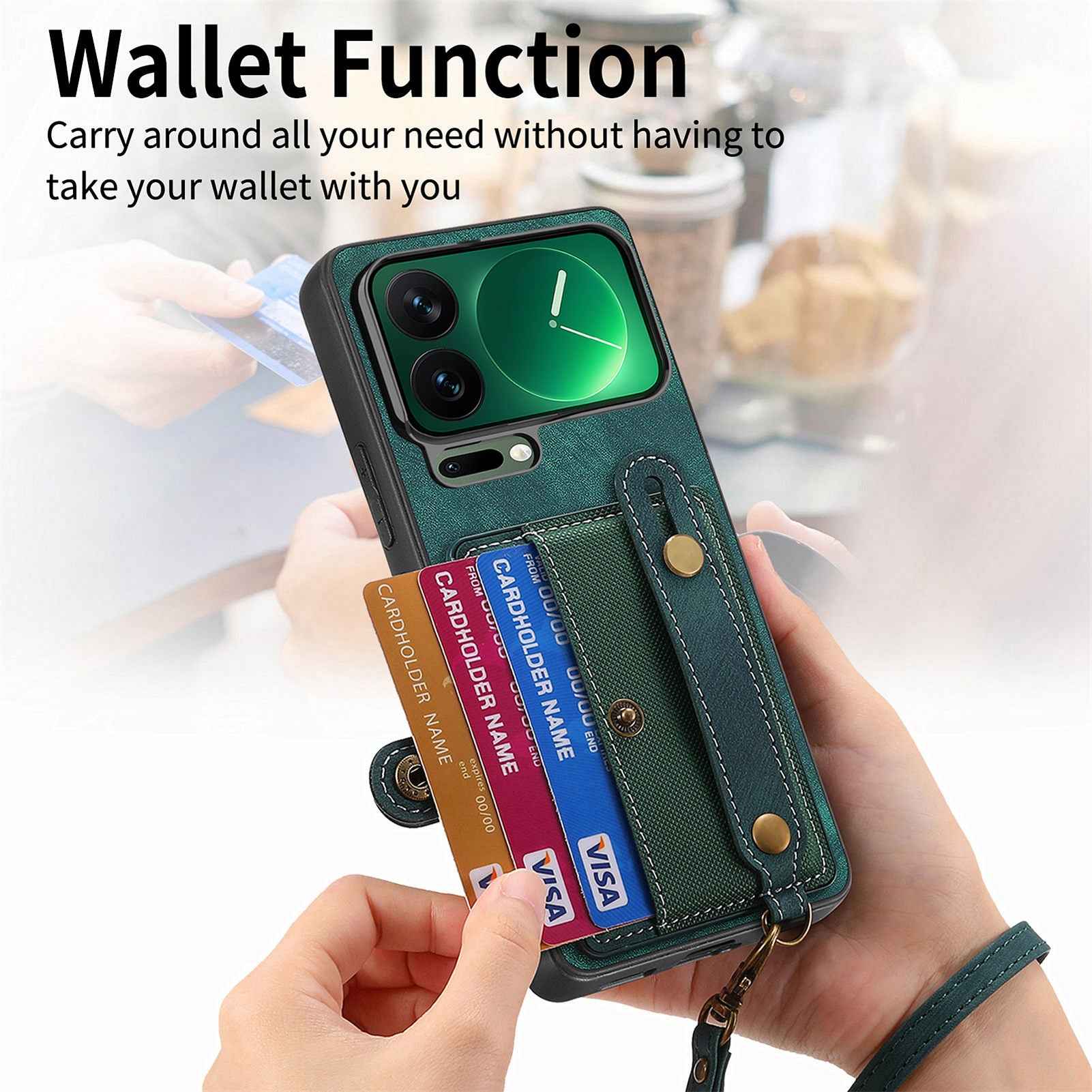 For Xiaomi 17 Pro Retro PU Leather Back Cover with Card Holder and Wristband Kickstand - Green