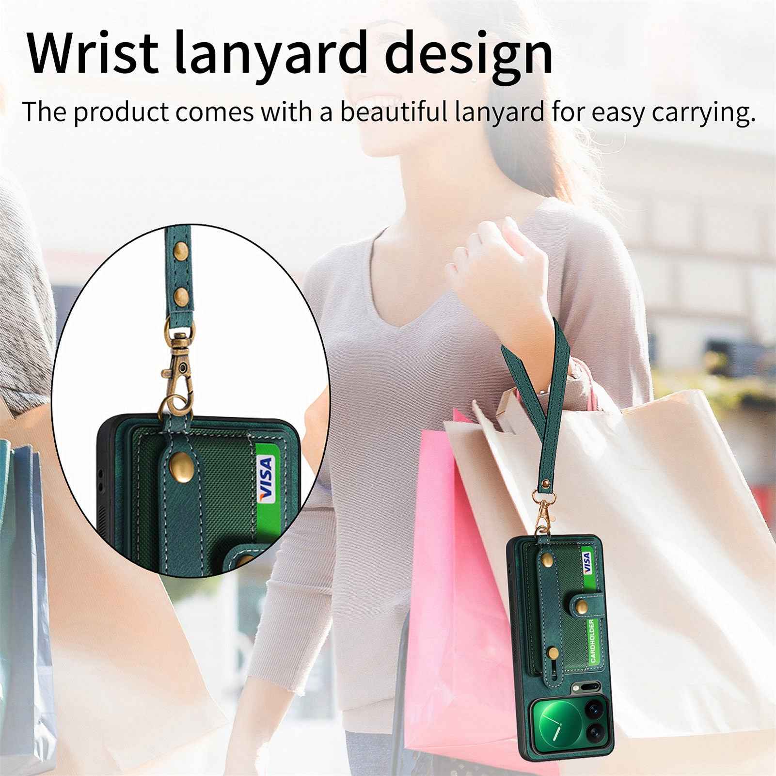 For Xiaomi 17 Pro Retro PU Leather Back Cover with Card Holder and Wristband Kickstand - Green