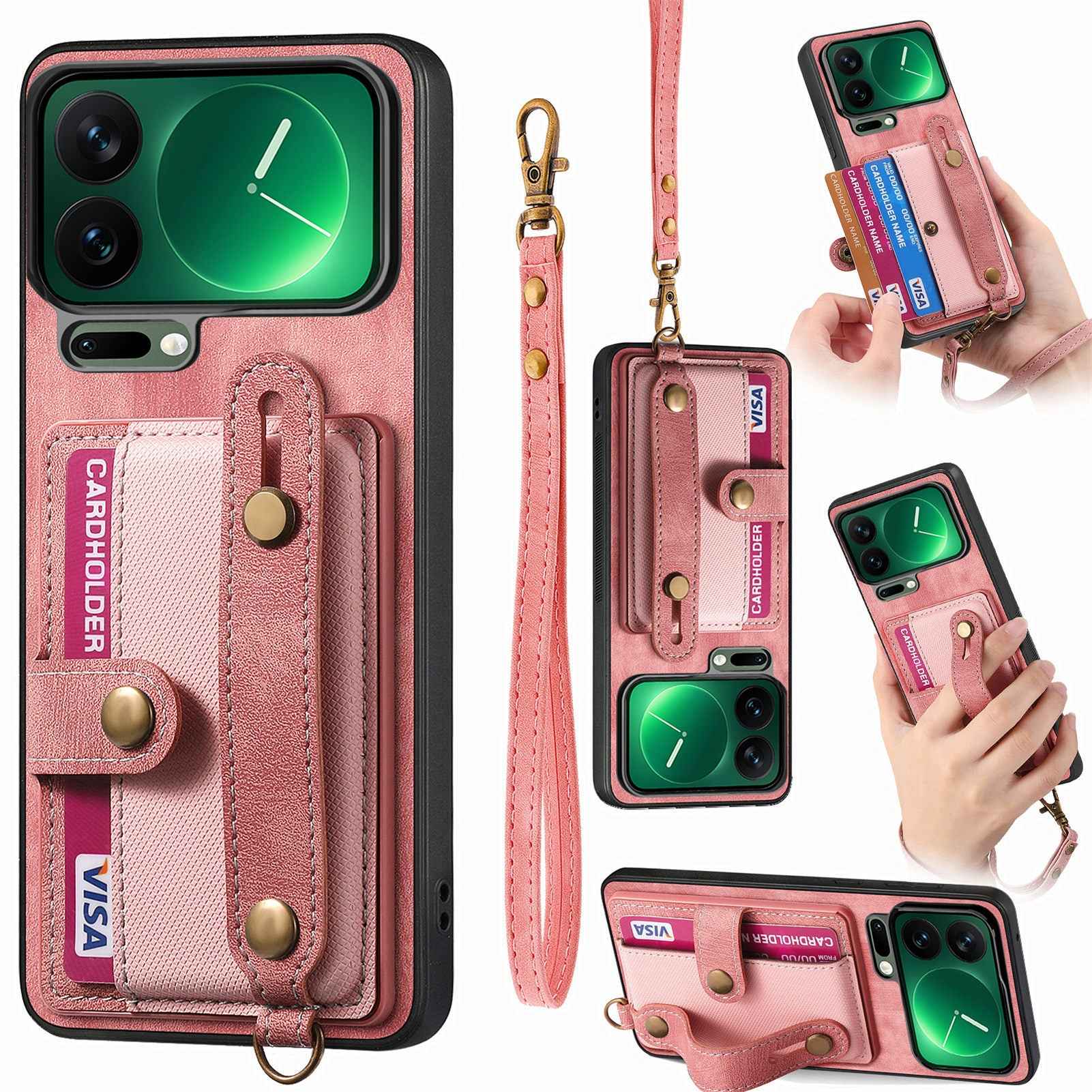For Xiaomi 17 Pro Retro PU Leather Back Cover with Card Holder and Wristband Kickstand - Pink