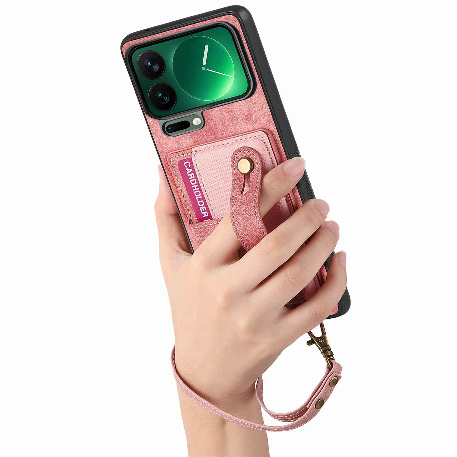For Xiaomi 17 Pro Retro PU Leather Back Cover with Card Holder and Wristband Kickstand - Pink
