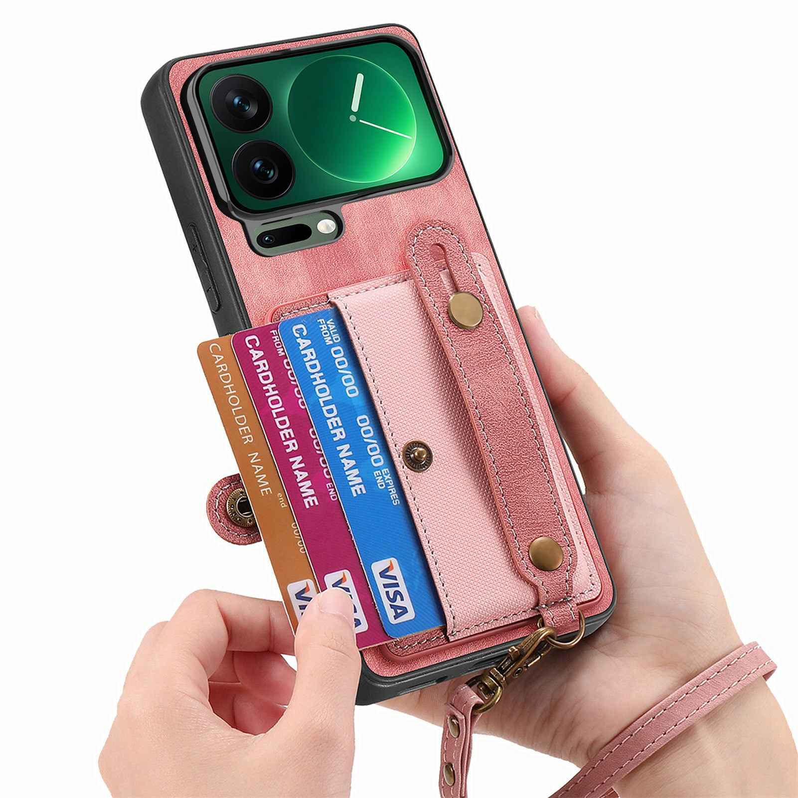 For Xiaomi 17 Pro Retro PU Leather Back Cover with Card Holder and Wristband Kickstand - Pink