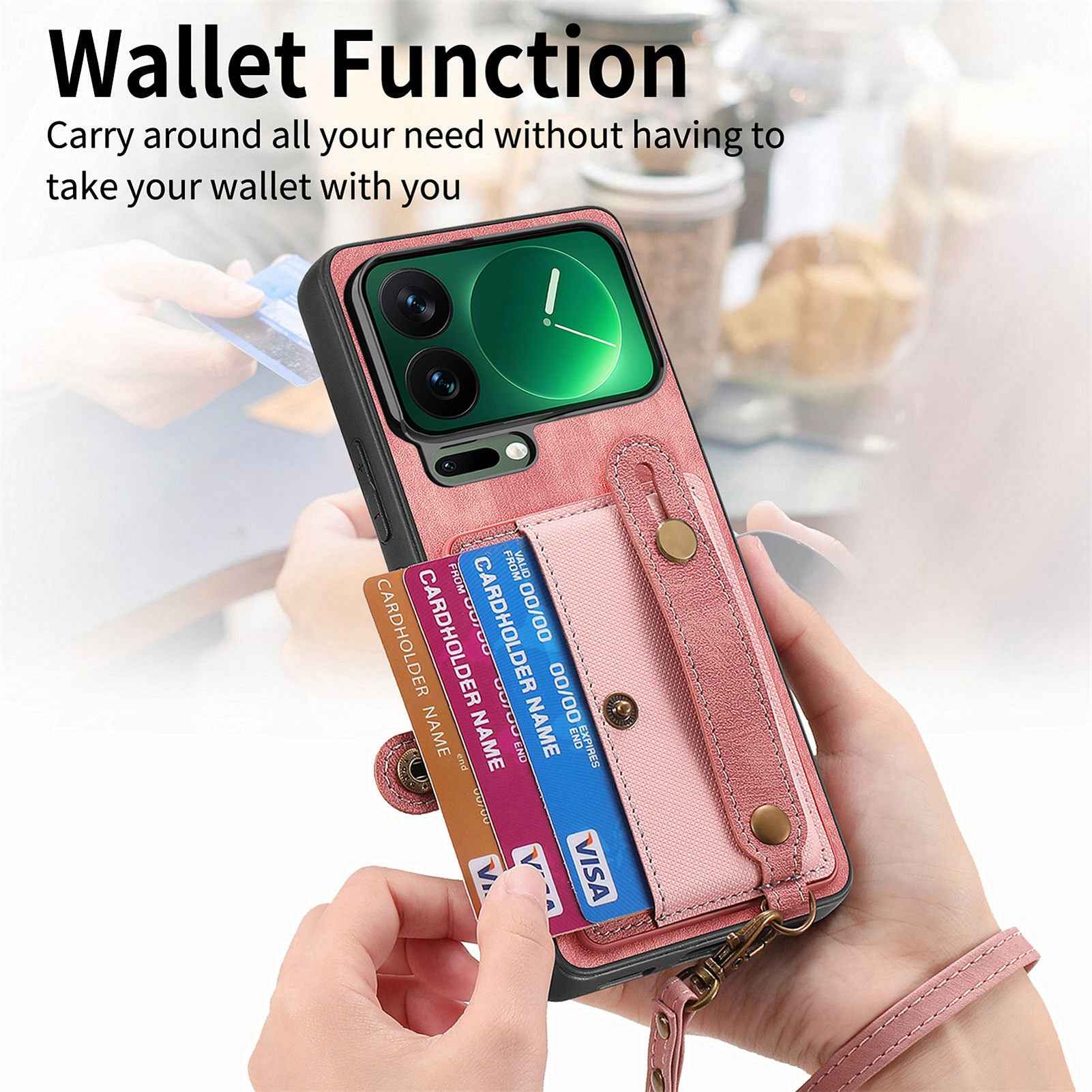 For Xiaomi 17 Pro Retro PU Leather Back Cover with Card Holder and Wristband Kickstand - Pink