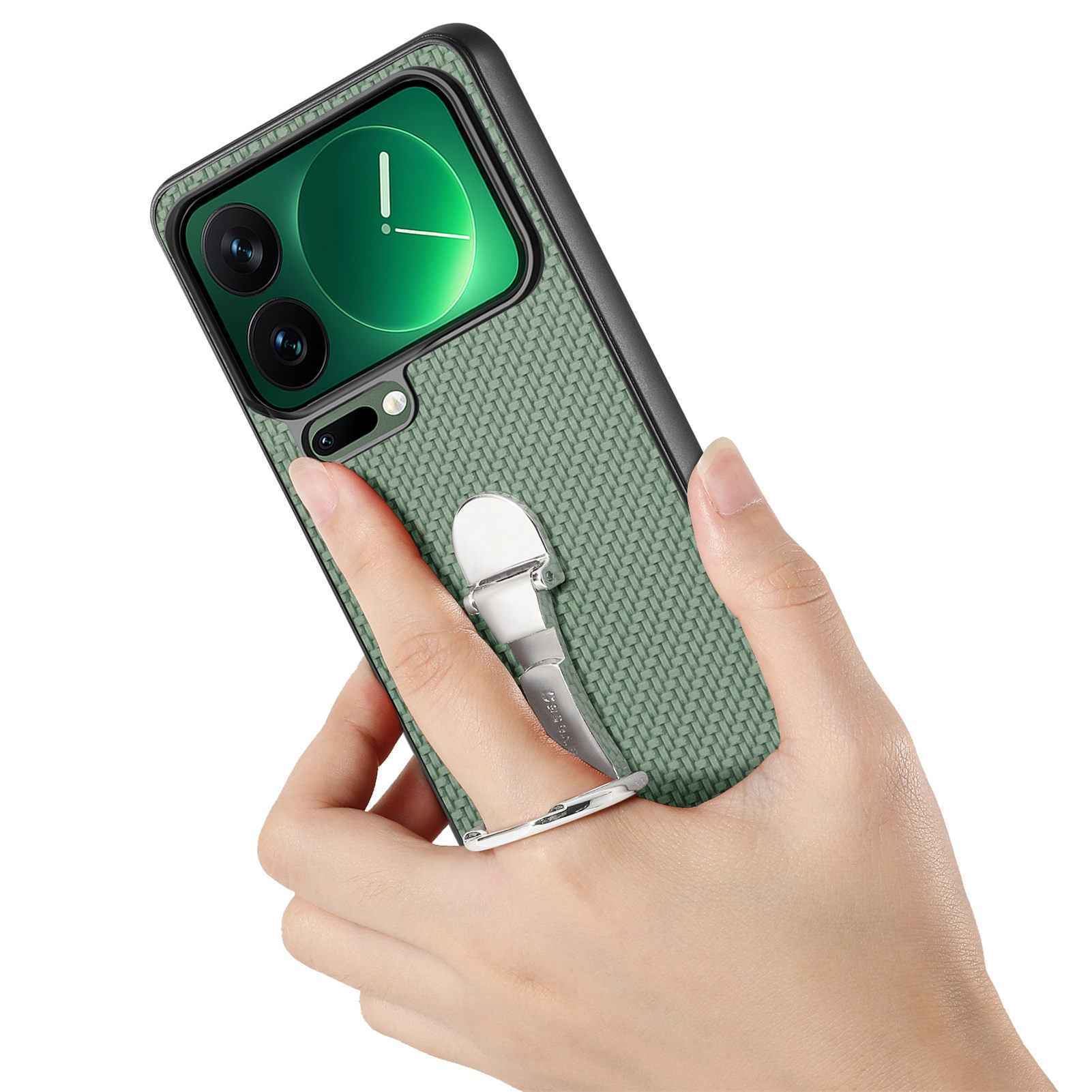 For Xiaomi 17 Pro Case Card Holder Kickstand Carbon Fiber Texture Back Cover - Green
