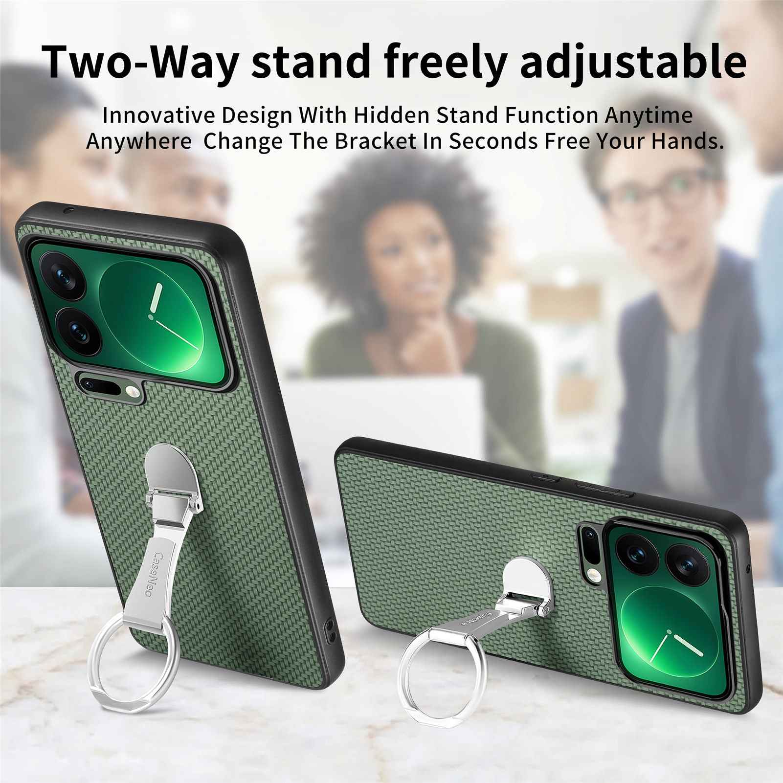 For Xiaomi 17 Pro Case Card Holder Kickstand Carbon Fiber Texture Back Cover - Green