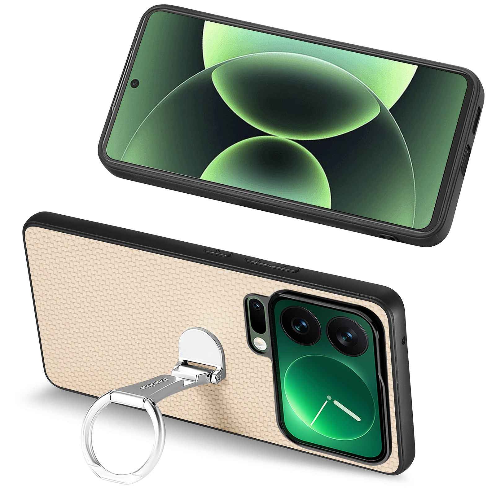 For Xiaomi 17 Pro Case Card Holder Kickstand Carbon Fiber Texture Back Cover - Khaki