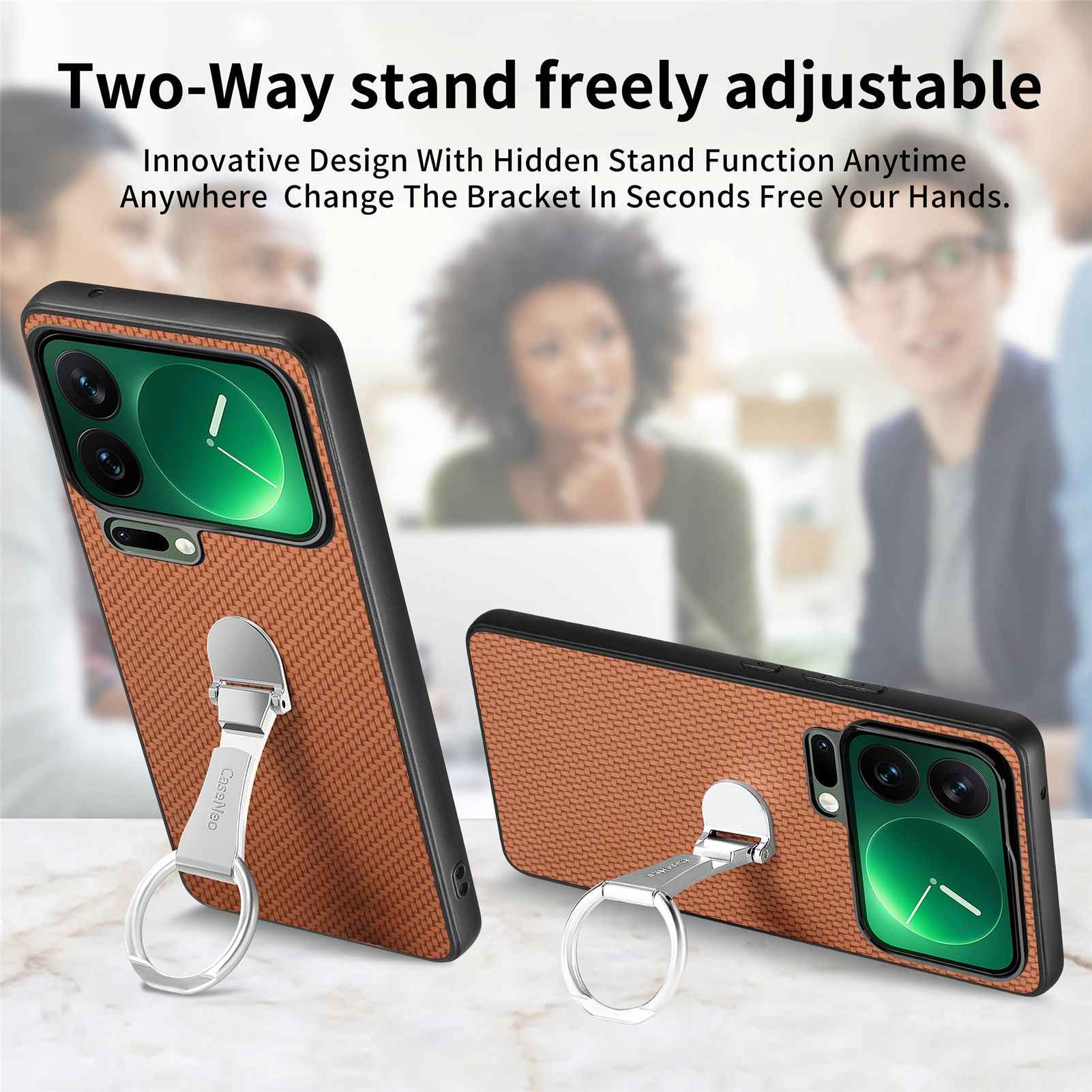 For Xiaomi 17 Pro Case Card Holder Kickstand Carbon Fiber Texture Back Cover - Brown