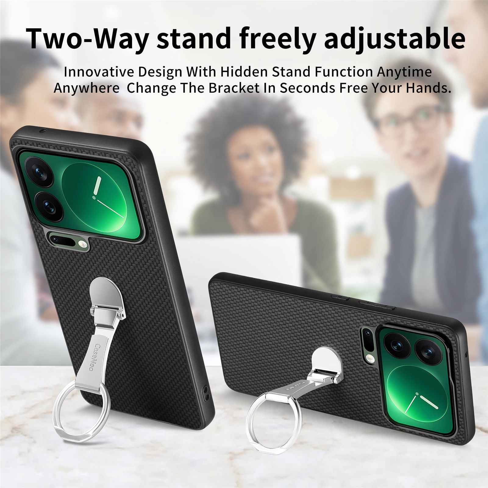 For Xiaomi 17 Pro Case Card Holder Kickstand Carbon Fiber Texture Back Cover - Black