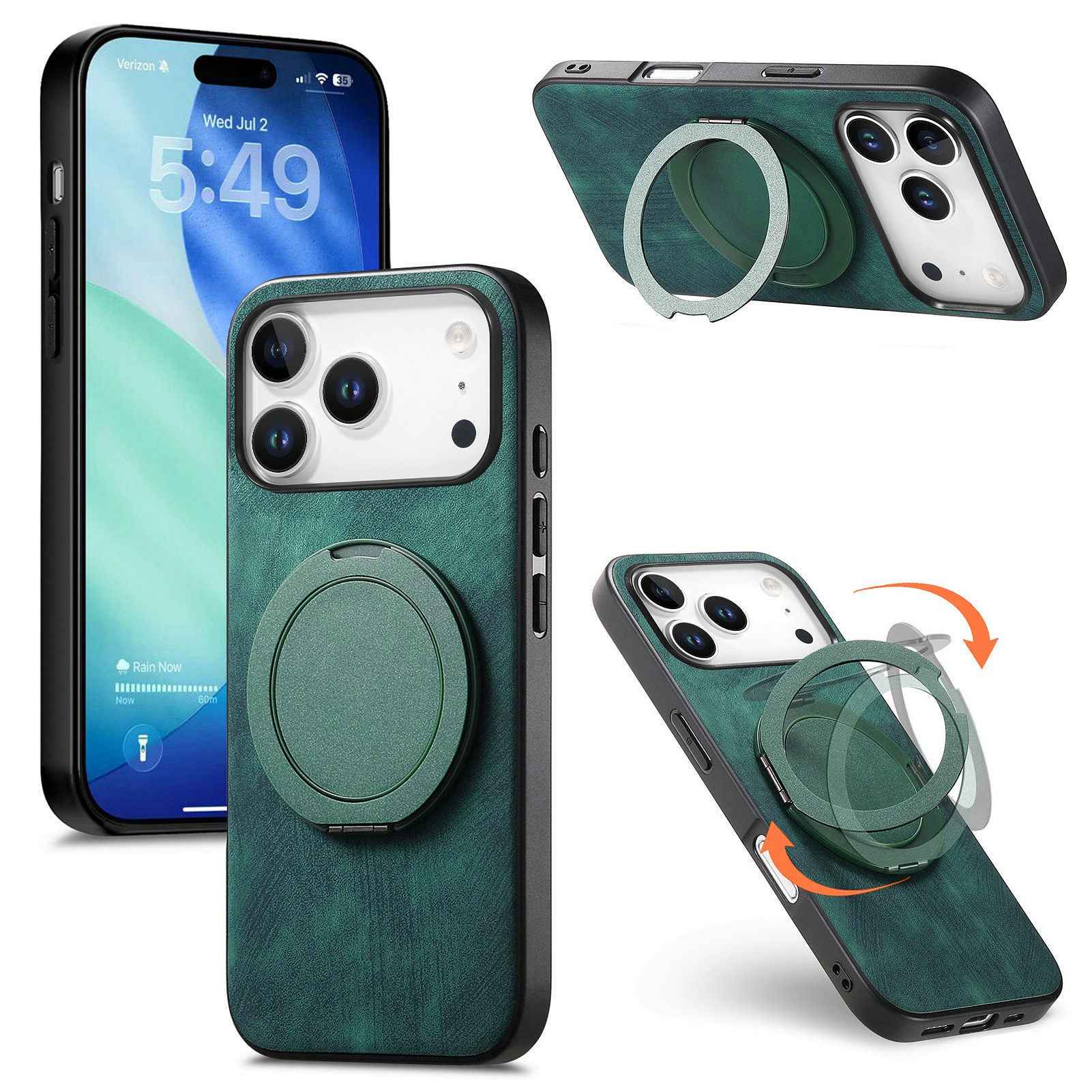 For Xiaomi 17 Pro Phone Case with Rotating Kickstand Stress Relief Retro Leather Back Cover - Green