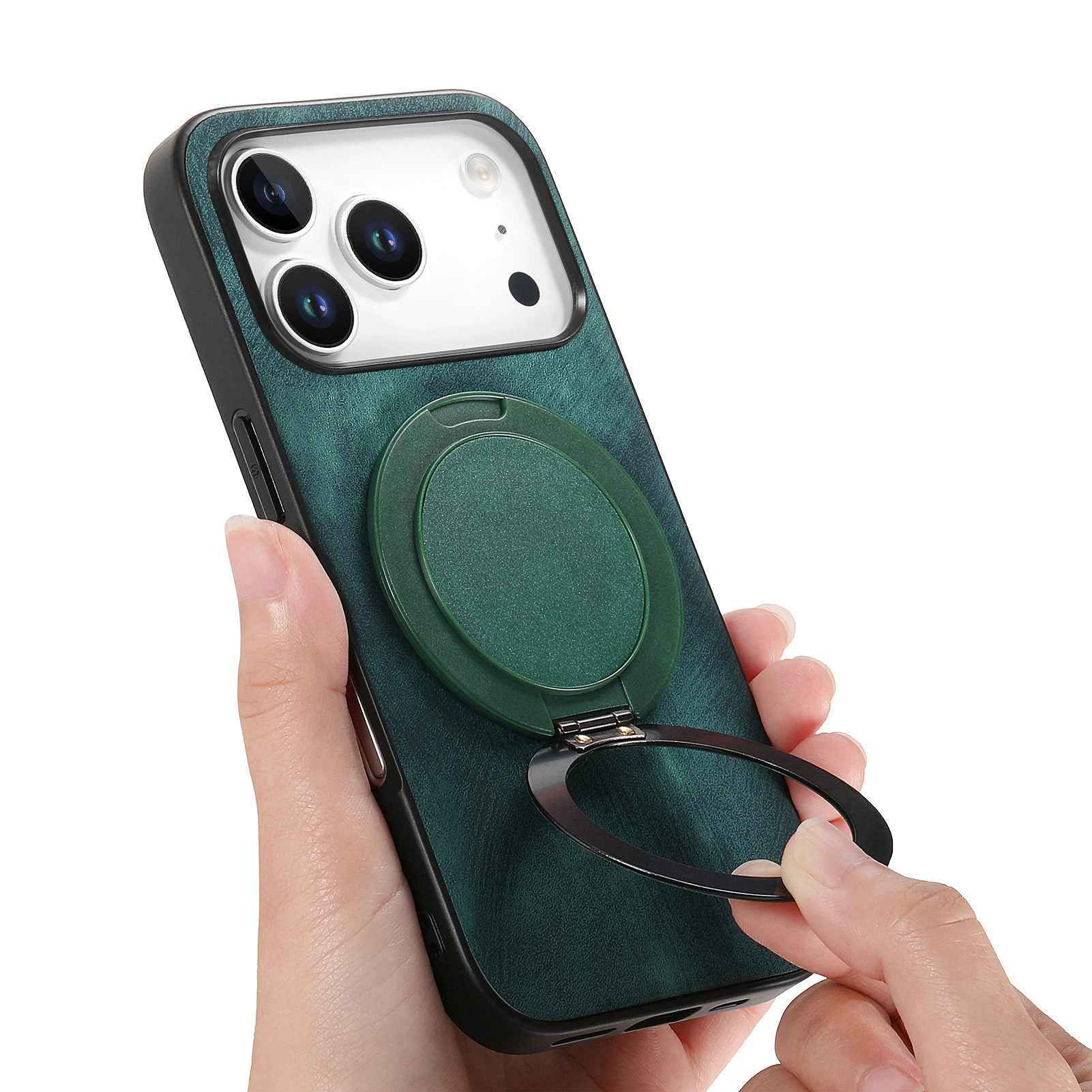 For Xiaomi 17 Pro Phone Case with Rotating Kickstand Stress Relief Retro Leather Back Cover - Green