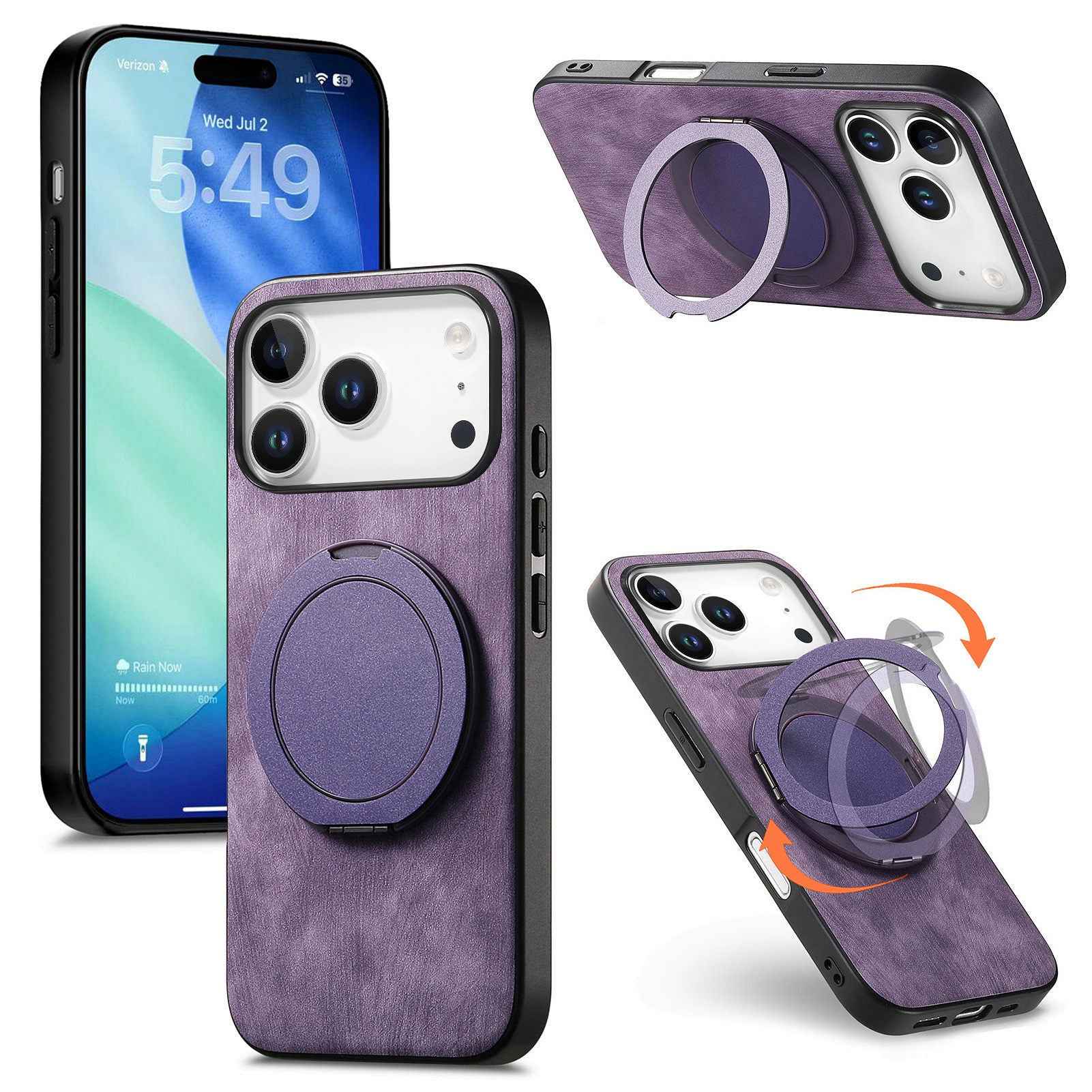 For Xiaomi 17 Pro Phone Case with Rotating Kickstand Stress Relief Retro Leather Back Cover - Purple