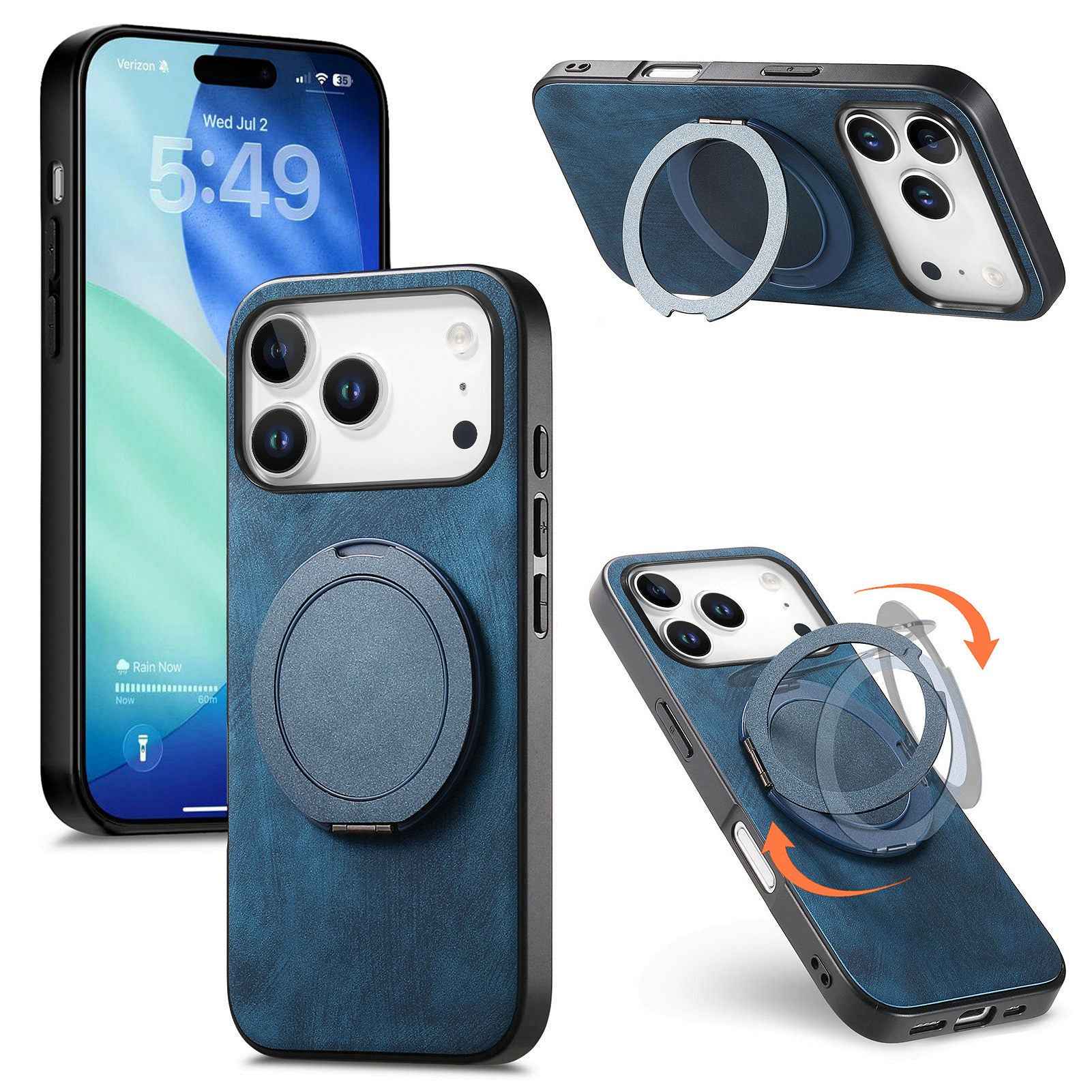 For Xiaomi 17 Pro Phone Case with Rotating Kickstand Stress Relief Retro Leather Back Cover - Blue