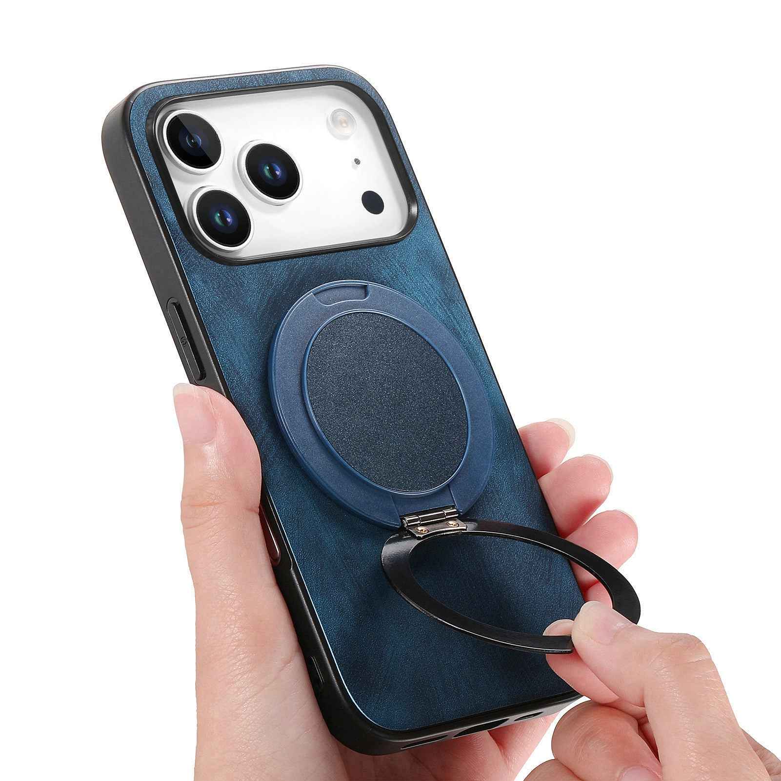 For Xiaomi 17 Pro Phone Case with Rotating Kickstand Stress Relief Retro Leather Back Cover - Blue