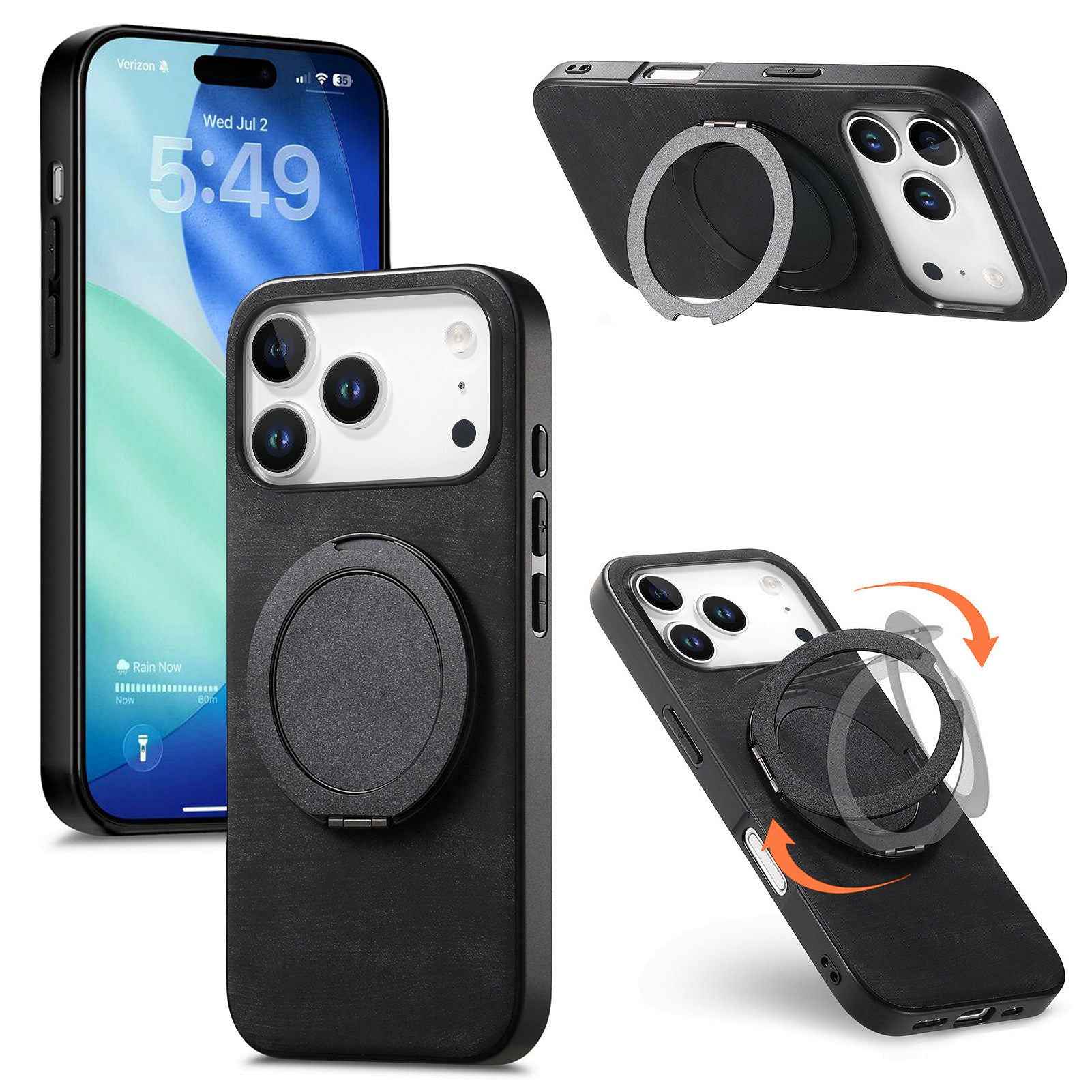 For Xiaomi 17 Pro Phone Case with Rotating Kickstand Stress Relief Retro Leather Back Cover - Black