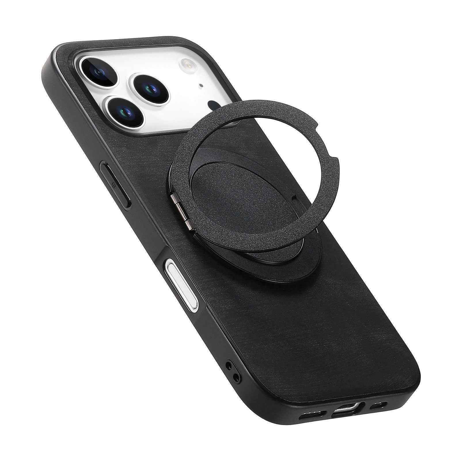 For Xiaomi 17 Pro Phone Case with Rotating Kickstand Stress Relief Retro Leather Back Cover - Black