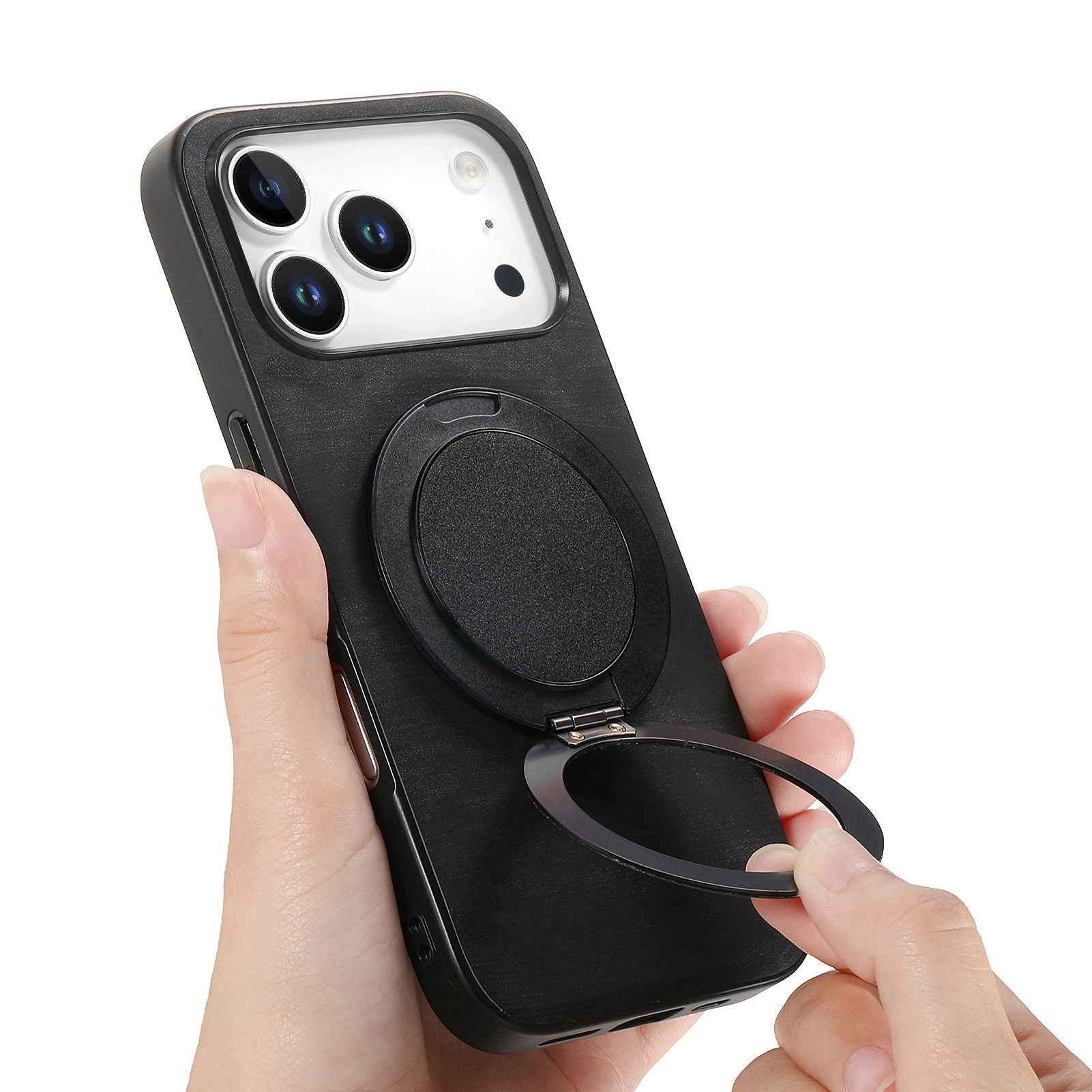 For Xiaomi 17 Pro Phone Case with Rotating Kickstand Stress Relief Retro Leather Back Cover - Black