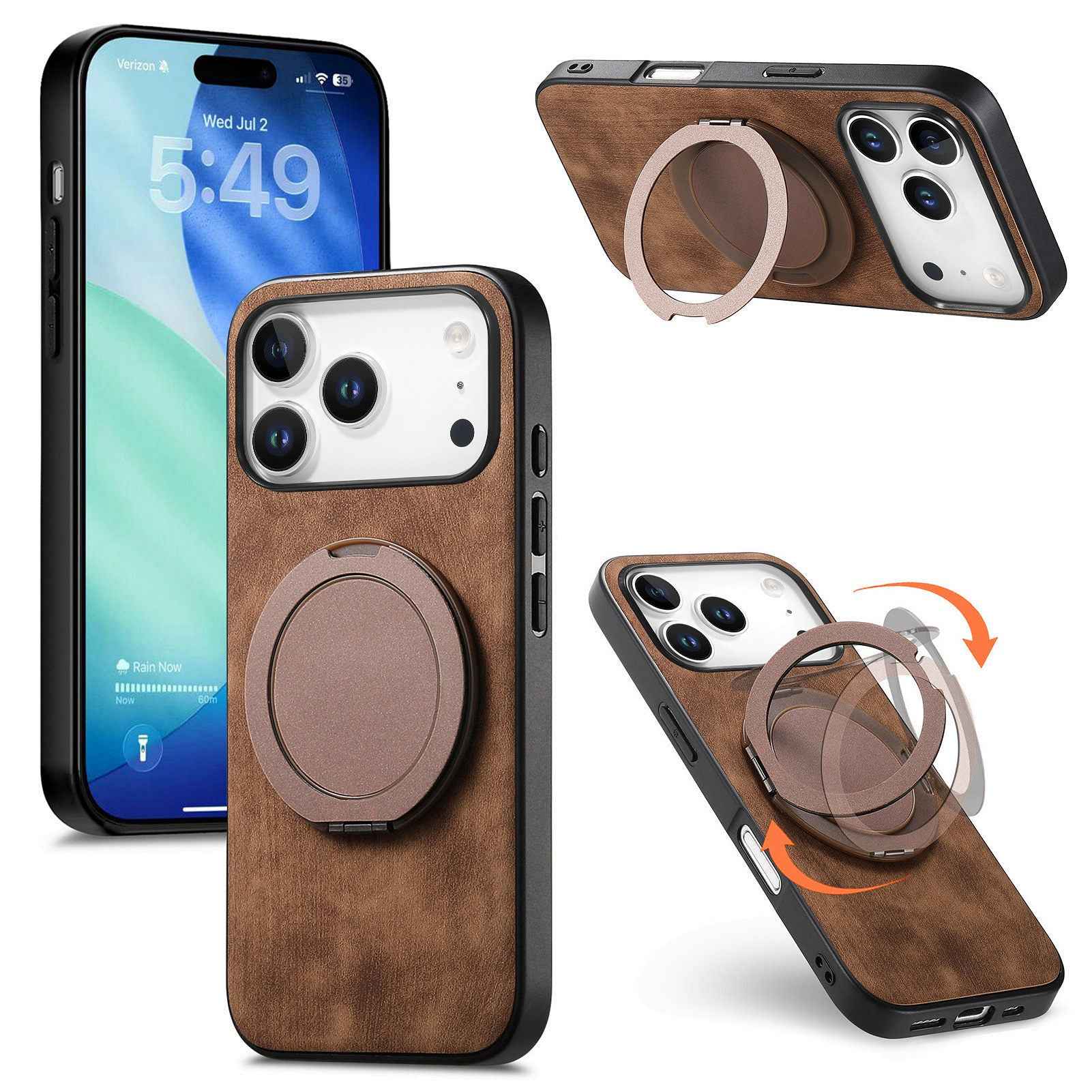 For Xiaomi 17 Pro Phone Case with Rotating Kickstand Stress Relief Retro Leather Back Cover - Brown