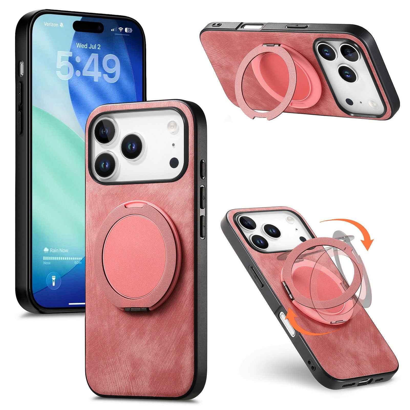 For Xiaomi 17 Pro Phone Case with Rotating Kickstand Stress Relief Retro Leather Back Cover - Pink