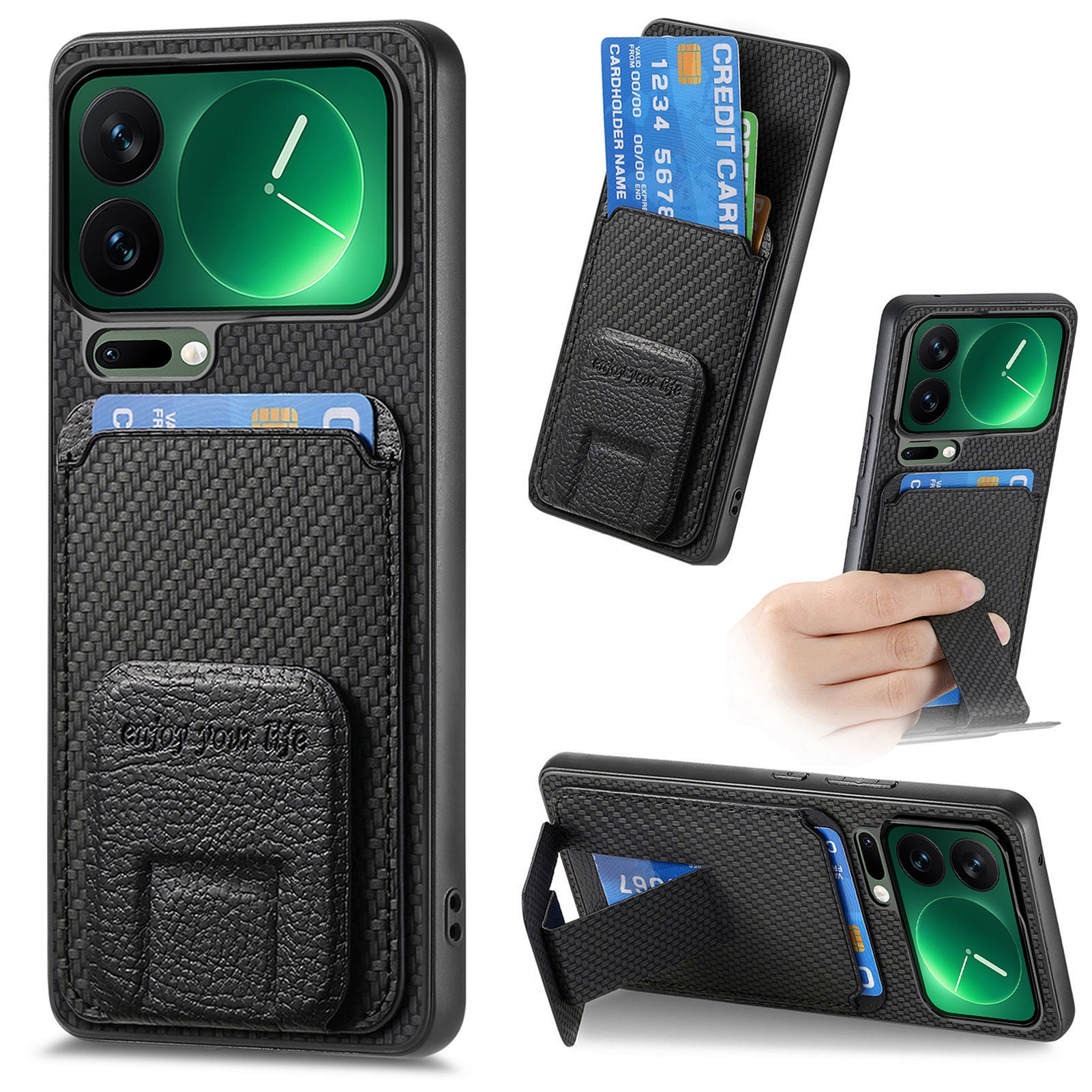 For Xiaomi 17 Pro Max Case Card Holder Carbon Fiber Texture Leather Coated TPU Phone Cover - Black