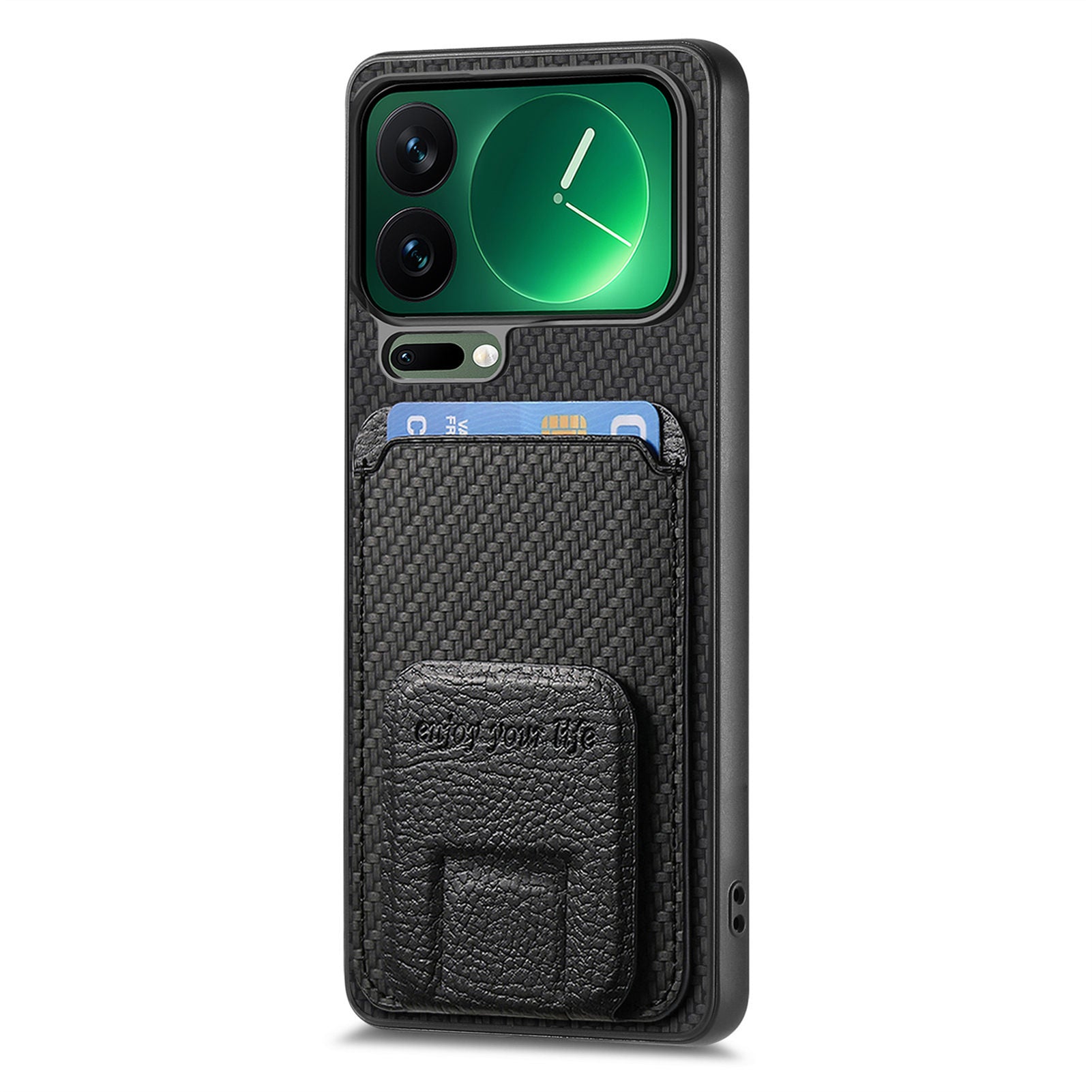 For Xiaomi 17 Pro Max Case Card Holder Carbon Fiber Texture Leather Coated TPU Phone Cover - Black