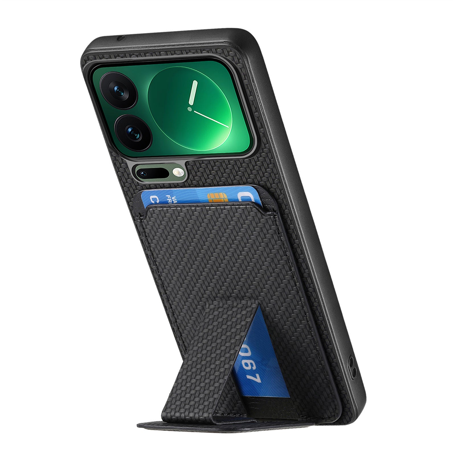 For Xiaomi 17 Pro Max Case Card Holder Carbon Fiber Texture Leather Coated TPU Phone Cover - Black