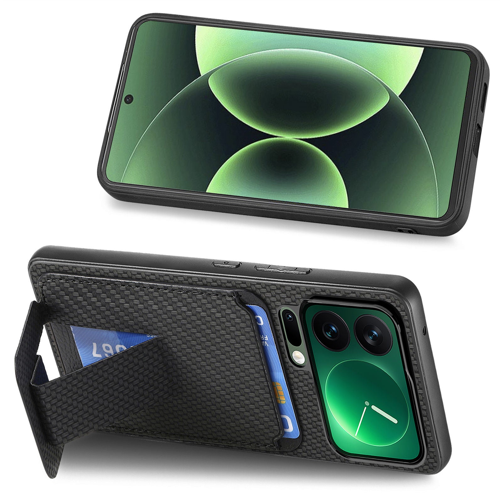 For Xiaomi 17 Pro Max Case Card Holder Carbon Fiber Texture Leather Coated TPU Phone Cover - Black