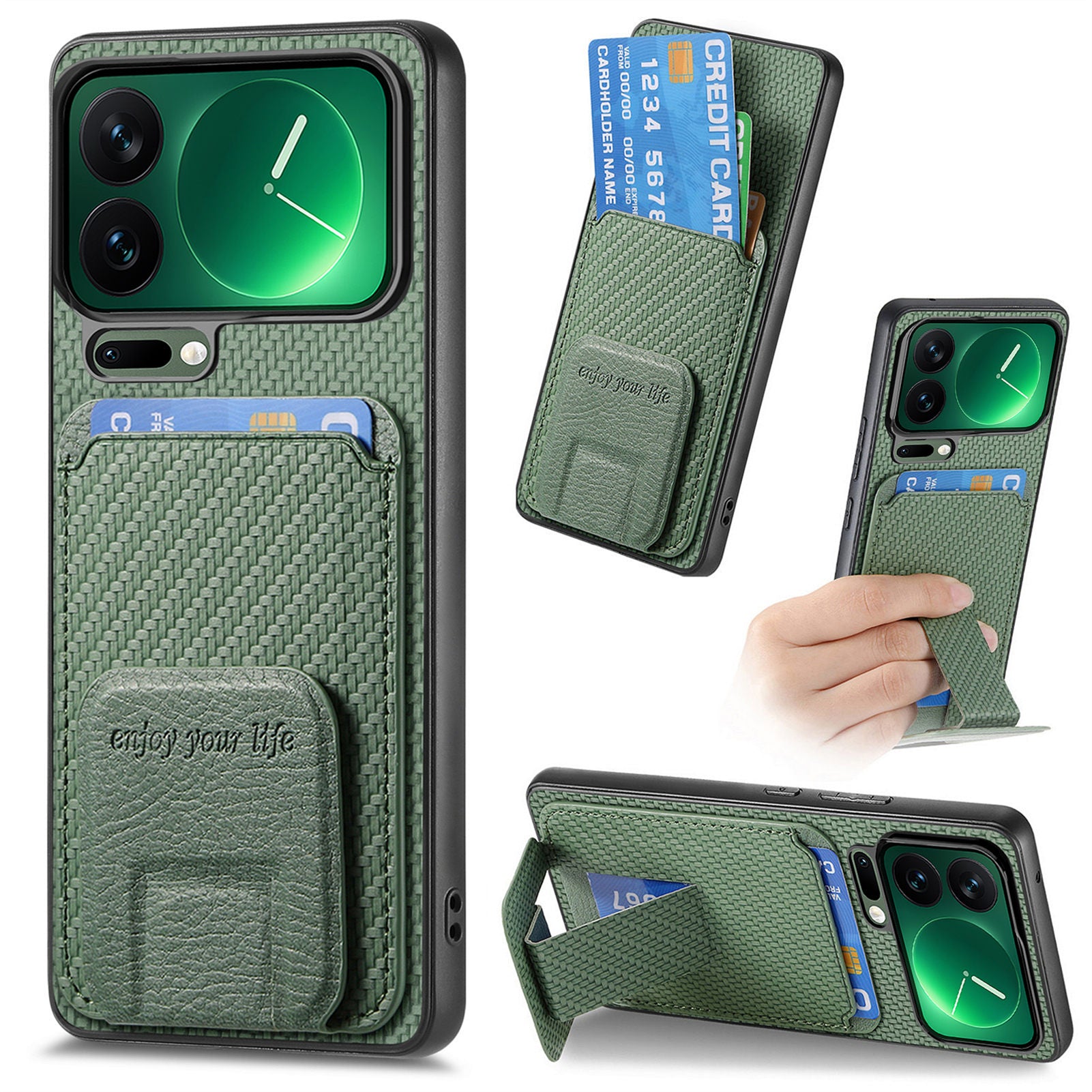 For Xiaomi 17 Pro Max Case Card Holder Carbon Fiber Texture Leather Coated TPU Phone Cover - Green