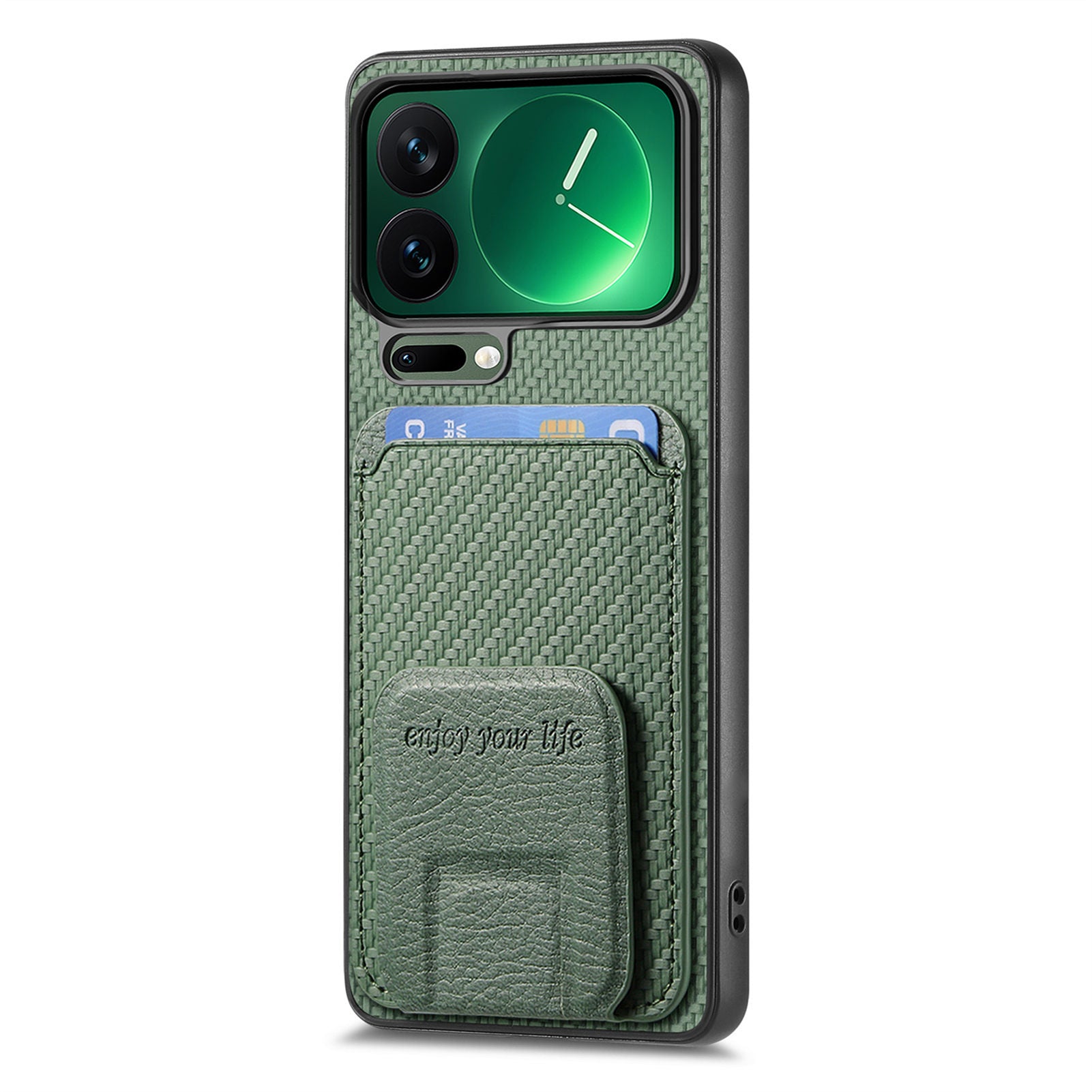 For Xiaomi 17 Pro Max Case Card Holder Carbon Fiber Texture Leather Coated TPU Phone Cover - Green