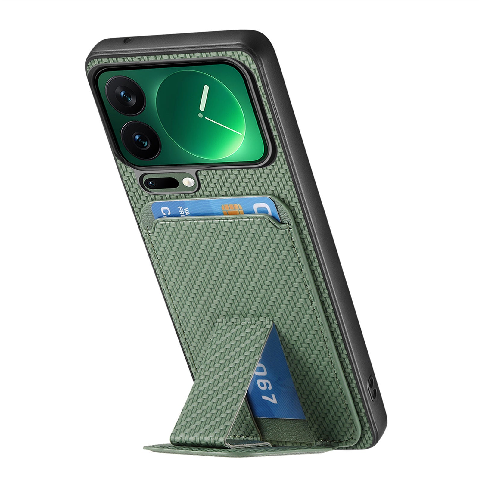 For Xiaomi 17 Pro Max Case Card Holder Carbon Fiber Texture Leather Coated TPU Phone Cover - Green