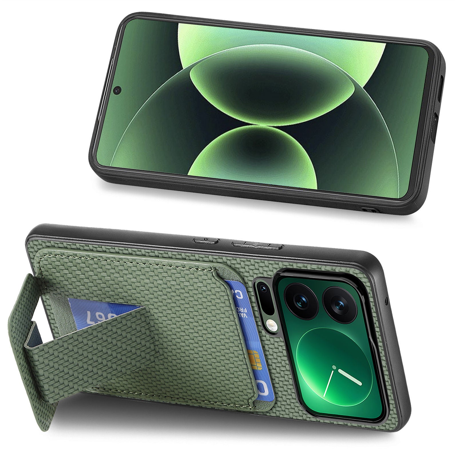 For Xiaomi 17 Pro Max Case Card Holder Carbon Fiber Texture Leather Coated TPU Phone Cover - Green