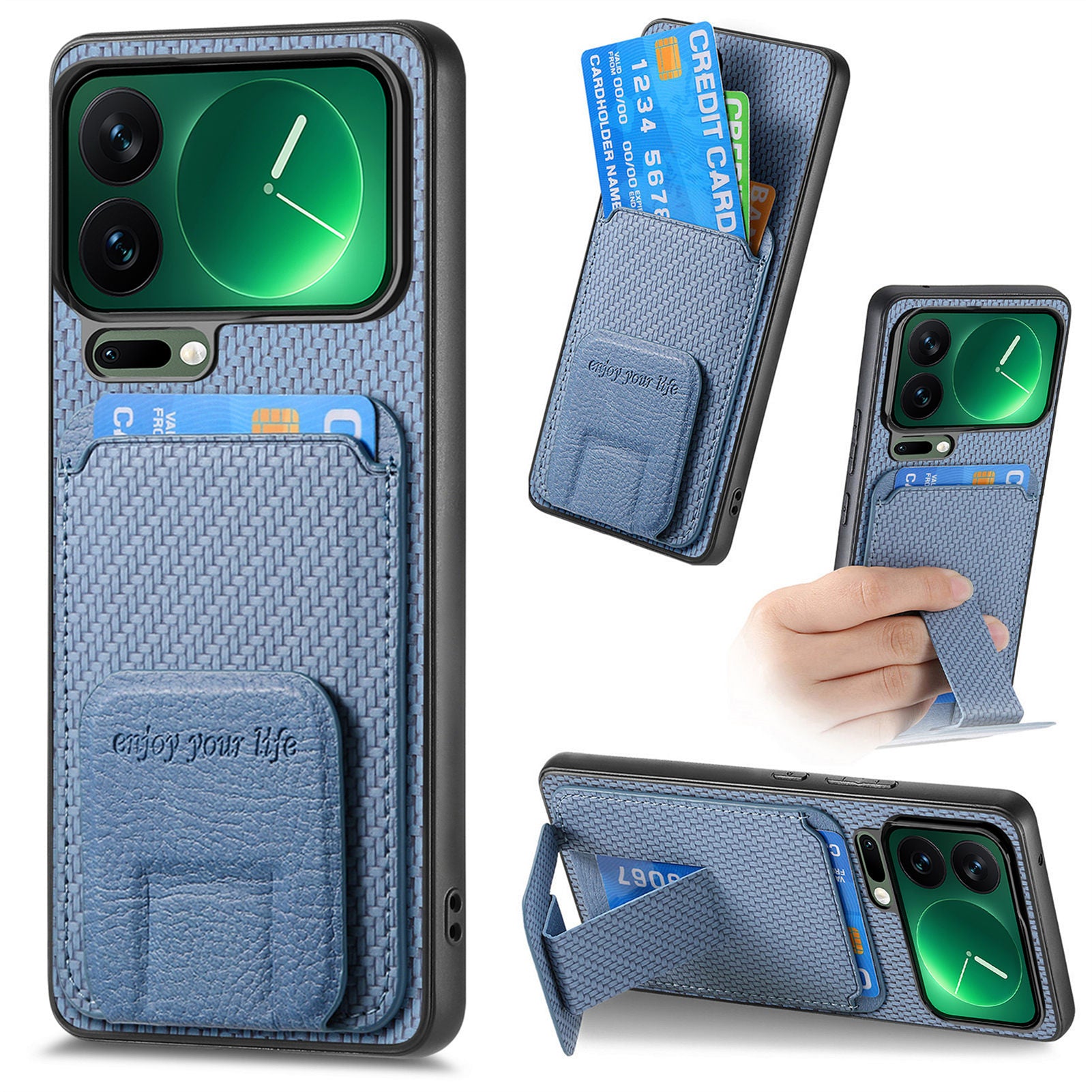 For Xiaomi 17 Pro Max Case Card Holder Carbon Fiber Texture Leather Coated TPU Phone Cover - Blue
