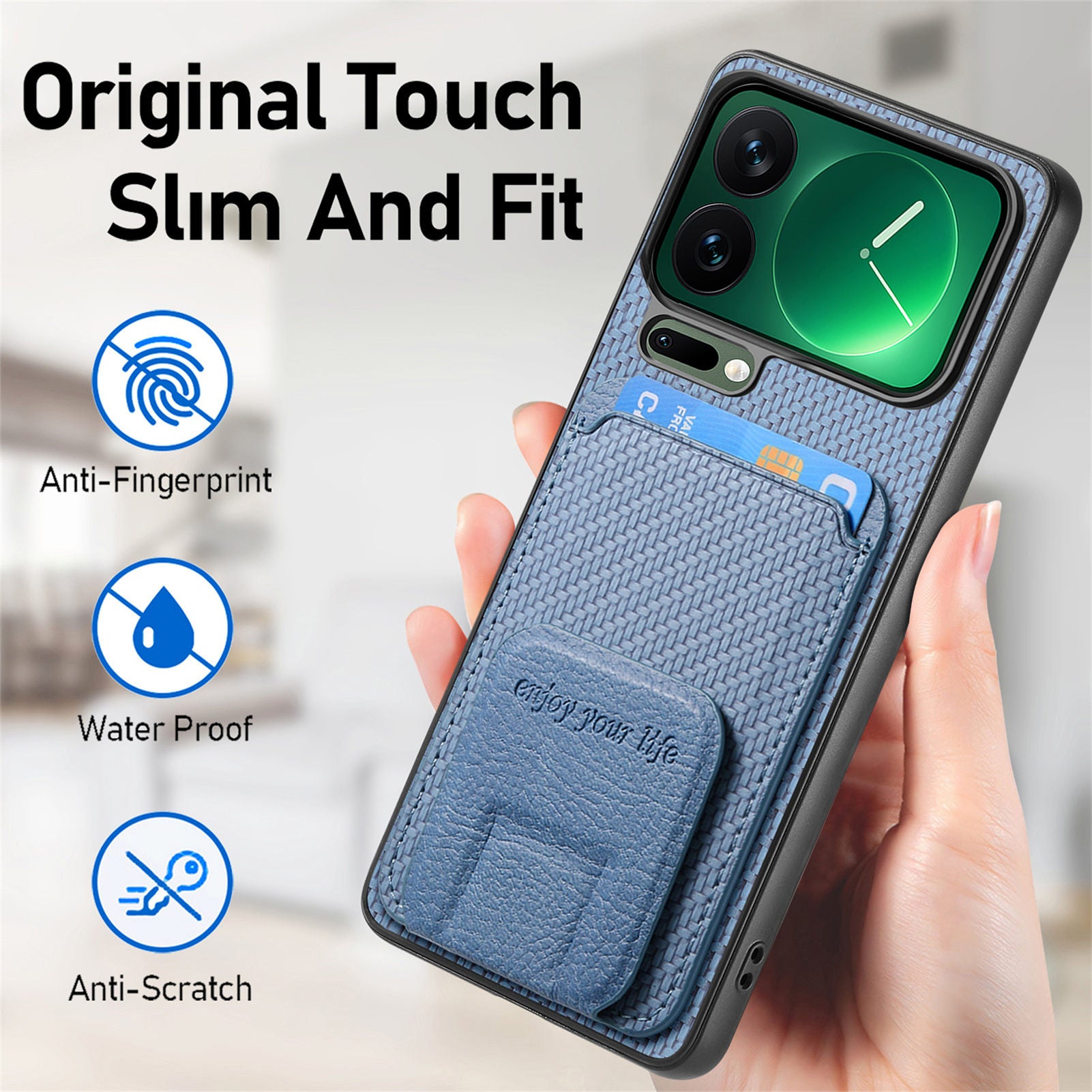 For Xiaomi 17 Pro Max Case Card Holder Carbon Fiber Texture Leather Coated TPU Phone Cover - Blue