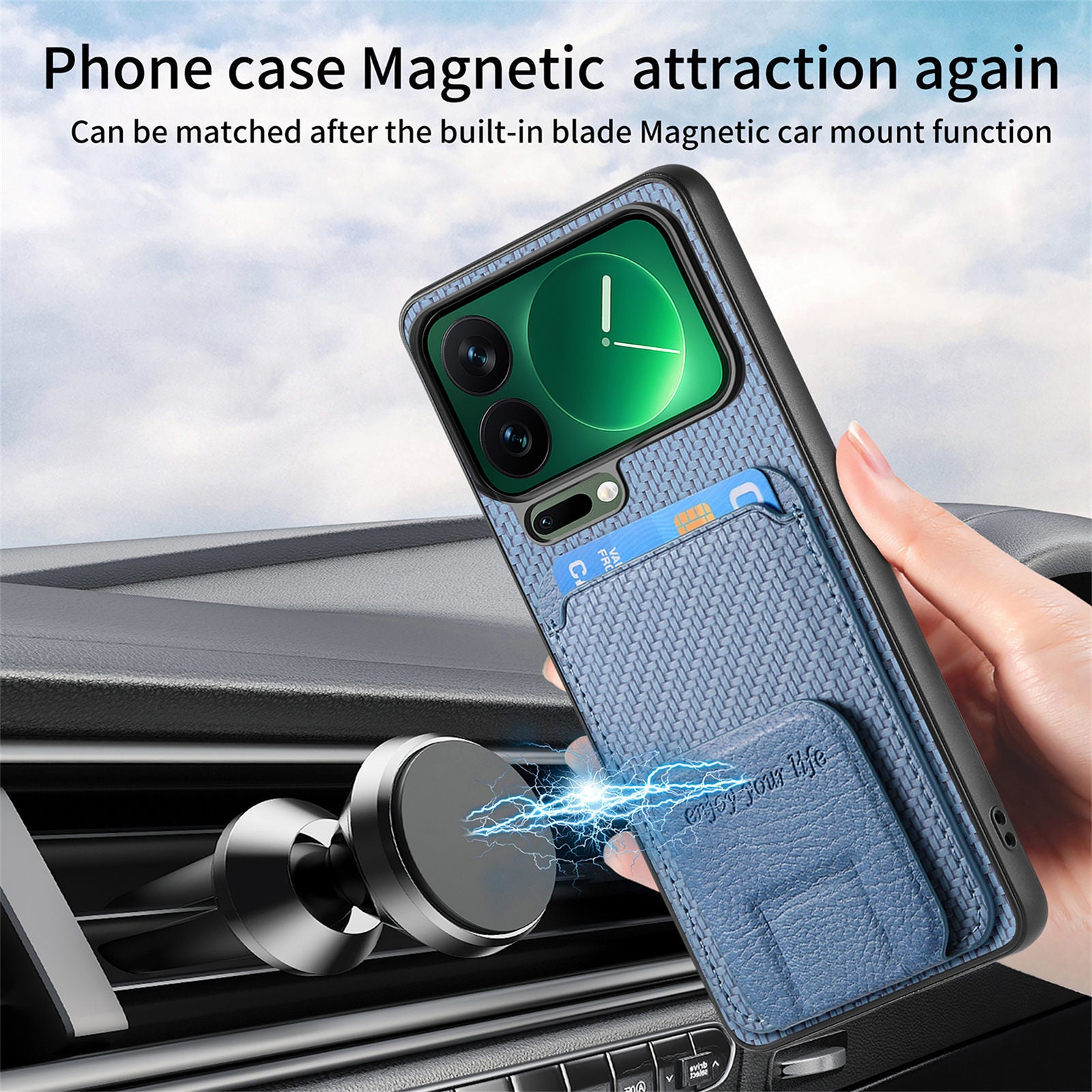 For Xiaomi 17 Pro Max Case Card Holder Carbon Fiber Texture Leather Coated TPU Phone Cover - Blue