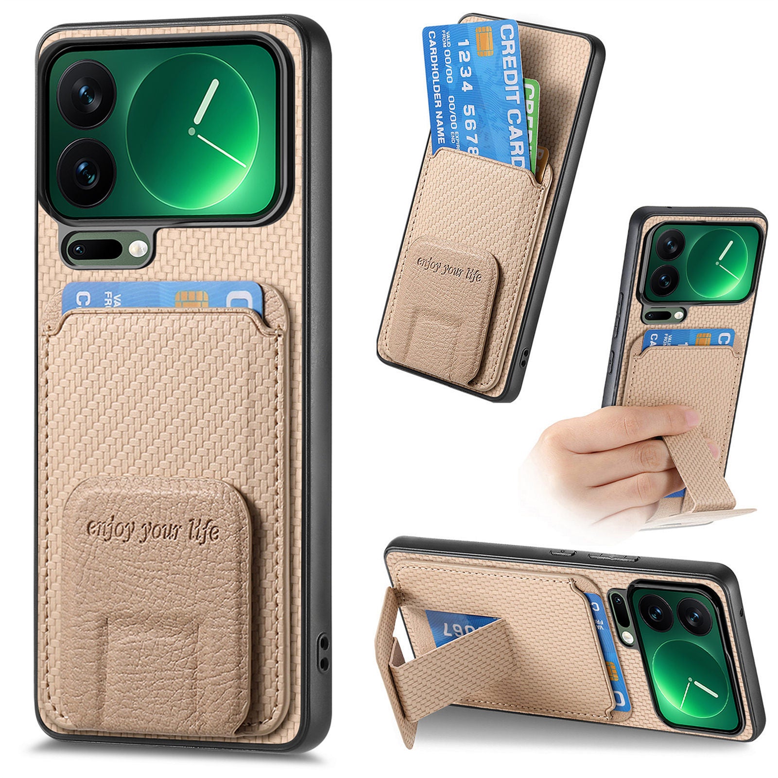 For Xiaomi 17 Pro Max Case Card Holder Carbon Fiber Texture Leather Coated TPU Phone Cover - Beige