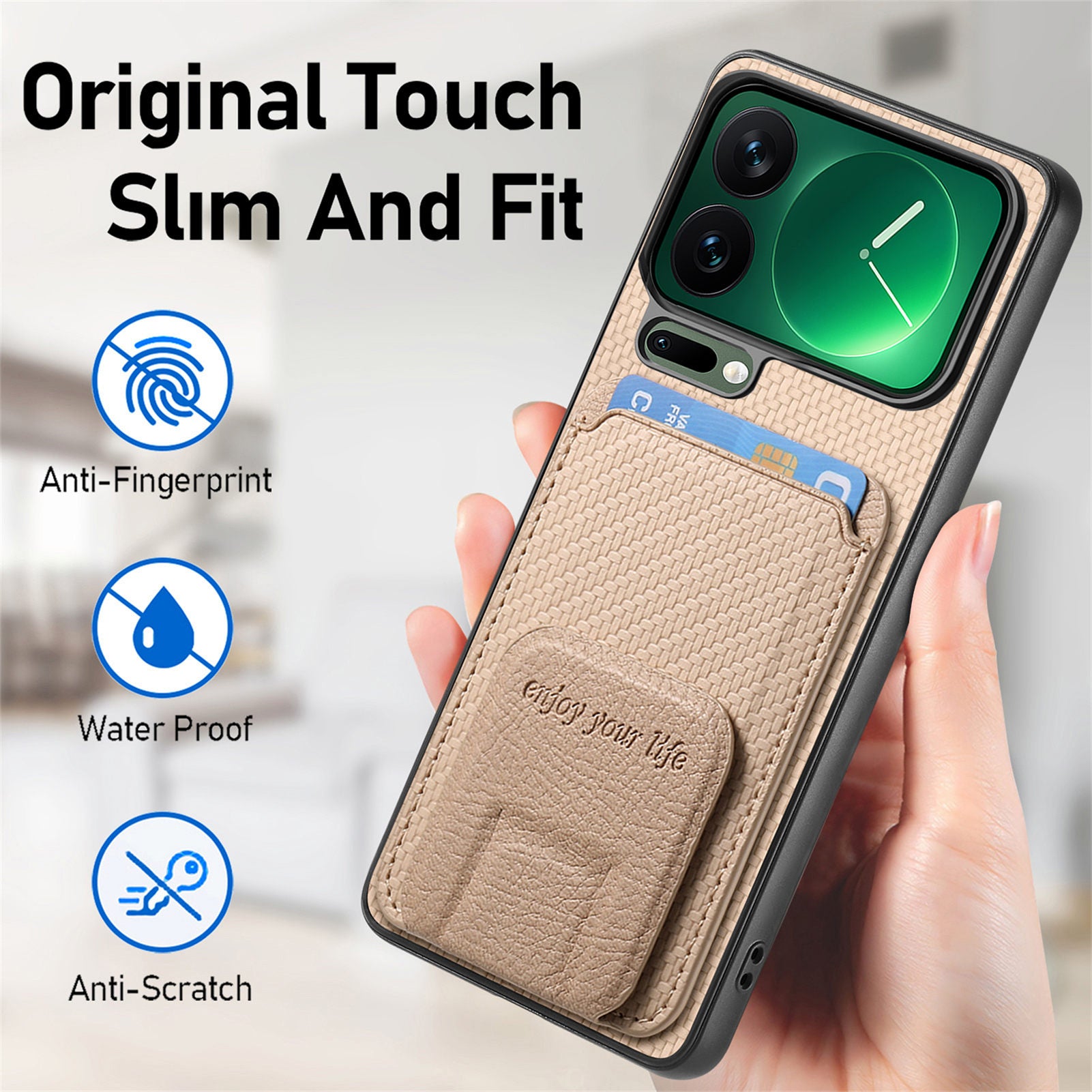 For Xiaomi 17 Pro Max Case Card Holder Carbon Fiber Texture Leather Coated TPU Phone Cover - Beige