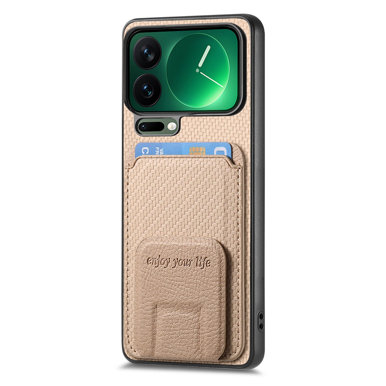 For Xiaomi 17 Pro Max Case Card Holder Carbon Fiber Texture Leather Coated TPU Phone Cover - Beige