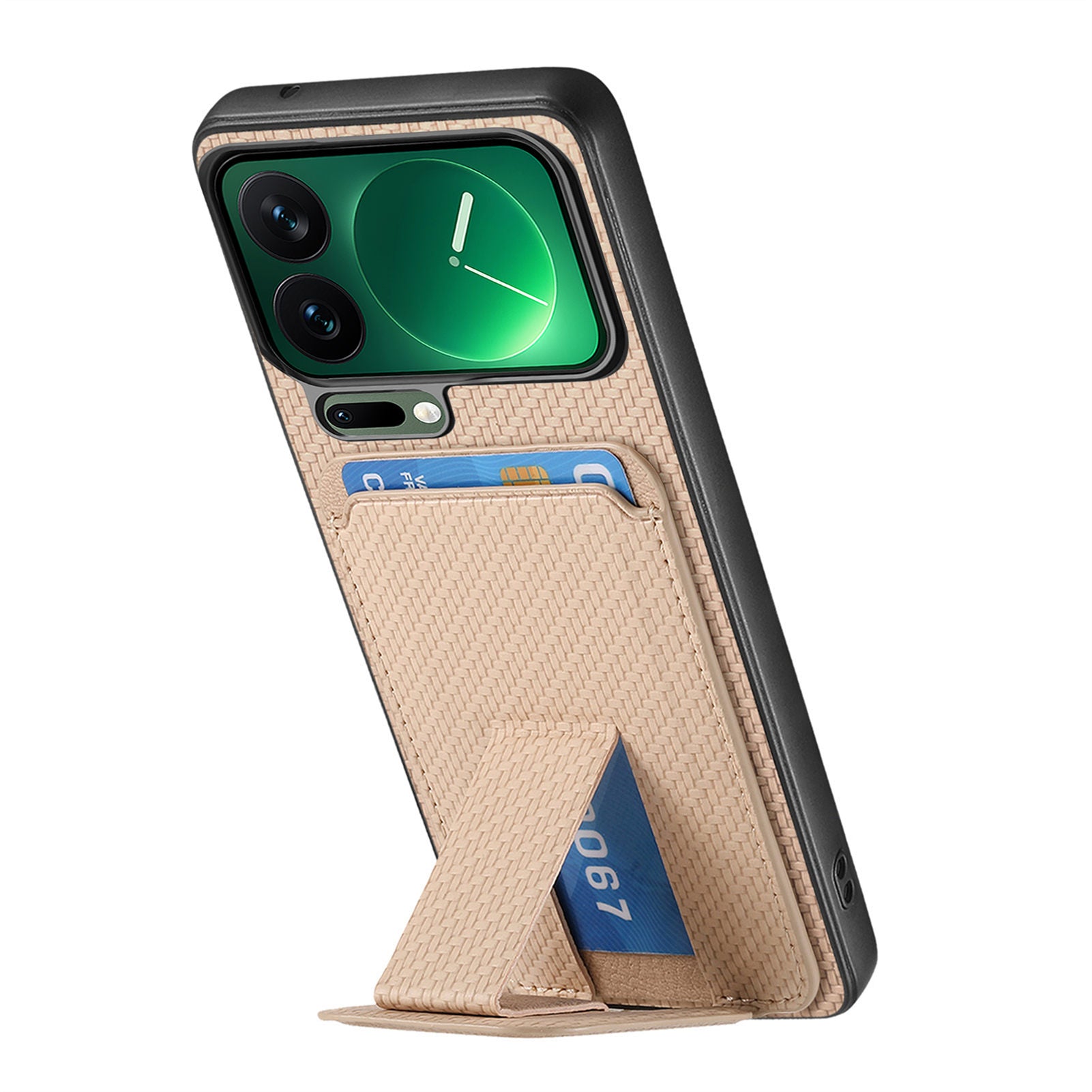 For Xiaomi 17 Pro Max Case Card Holder Carbon Fiber Texture Leather Coated TPU Phone Cover - Beige