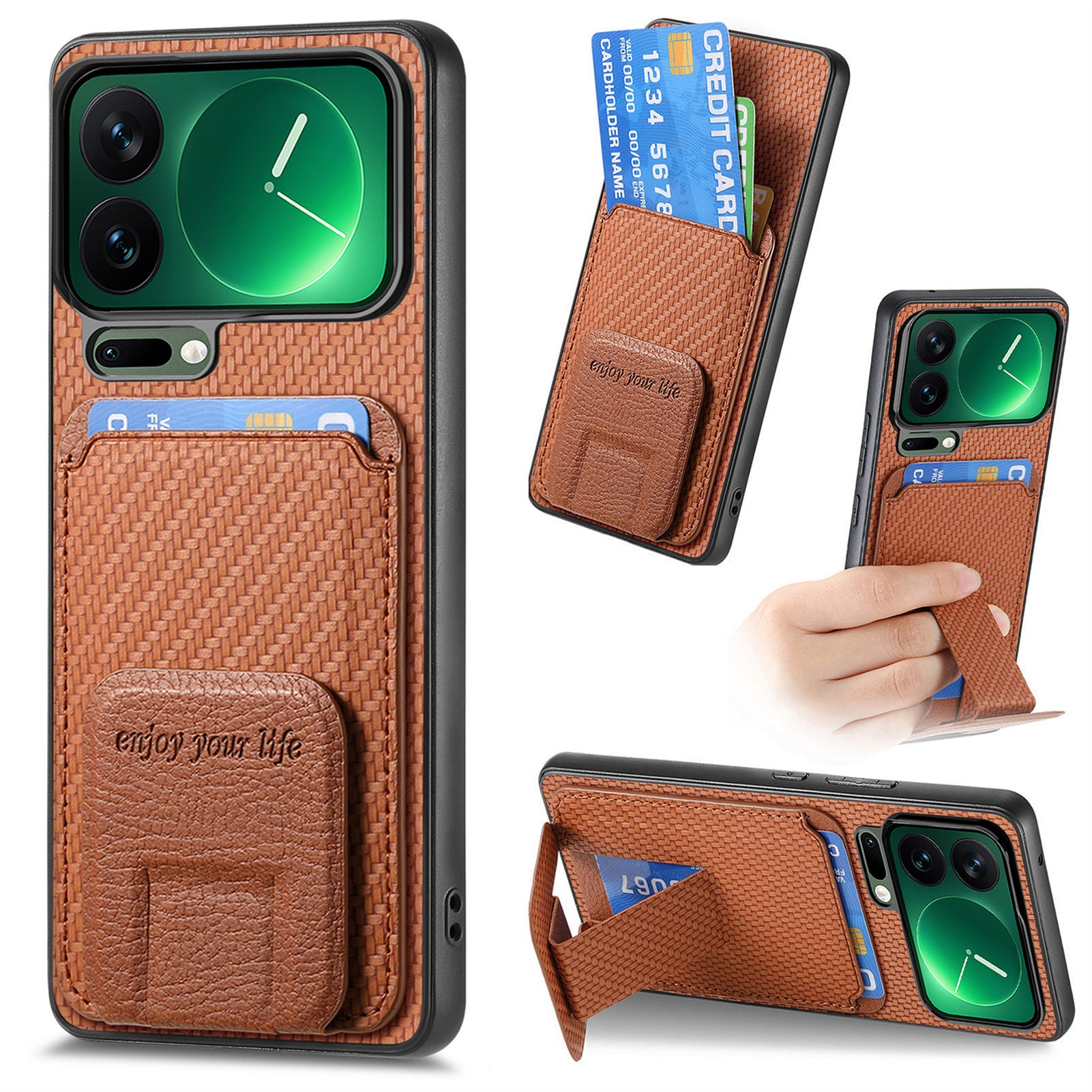 For Xiaomi 17 Pro Max Case Card Holder Carbon Fiber Texture Leather Coated TPU Phone Cover - Brown