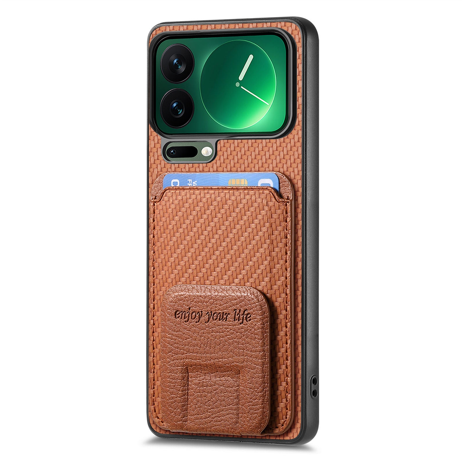 For Xiaomi 17 Pro Max Case Card Holder Carbon Fiber Texture Leather Coated TPU Phone Cover - Brown