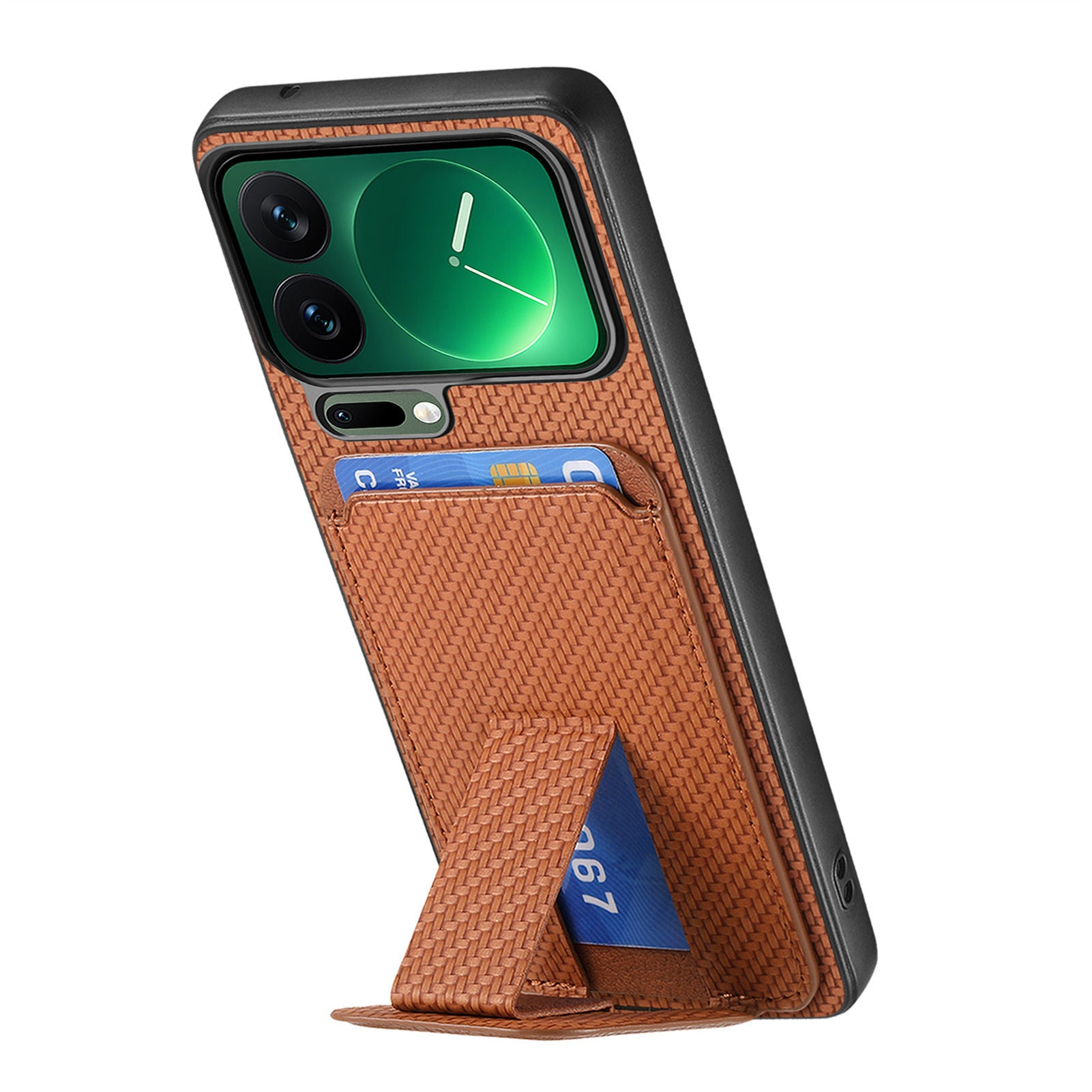 For Xiaomi 17 Pro Max Case Card Holder Carbon Fiber Texture Leather Coated TPU Phone Cover - Brown